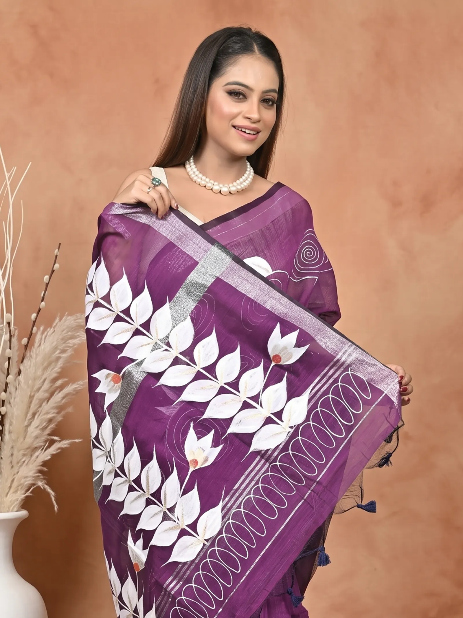 DipDiya Cotton Blend  Traditional Bengali Dark Violet Artisan Crafted Souvar Hand Painted Saree