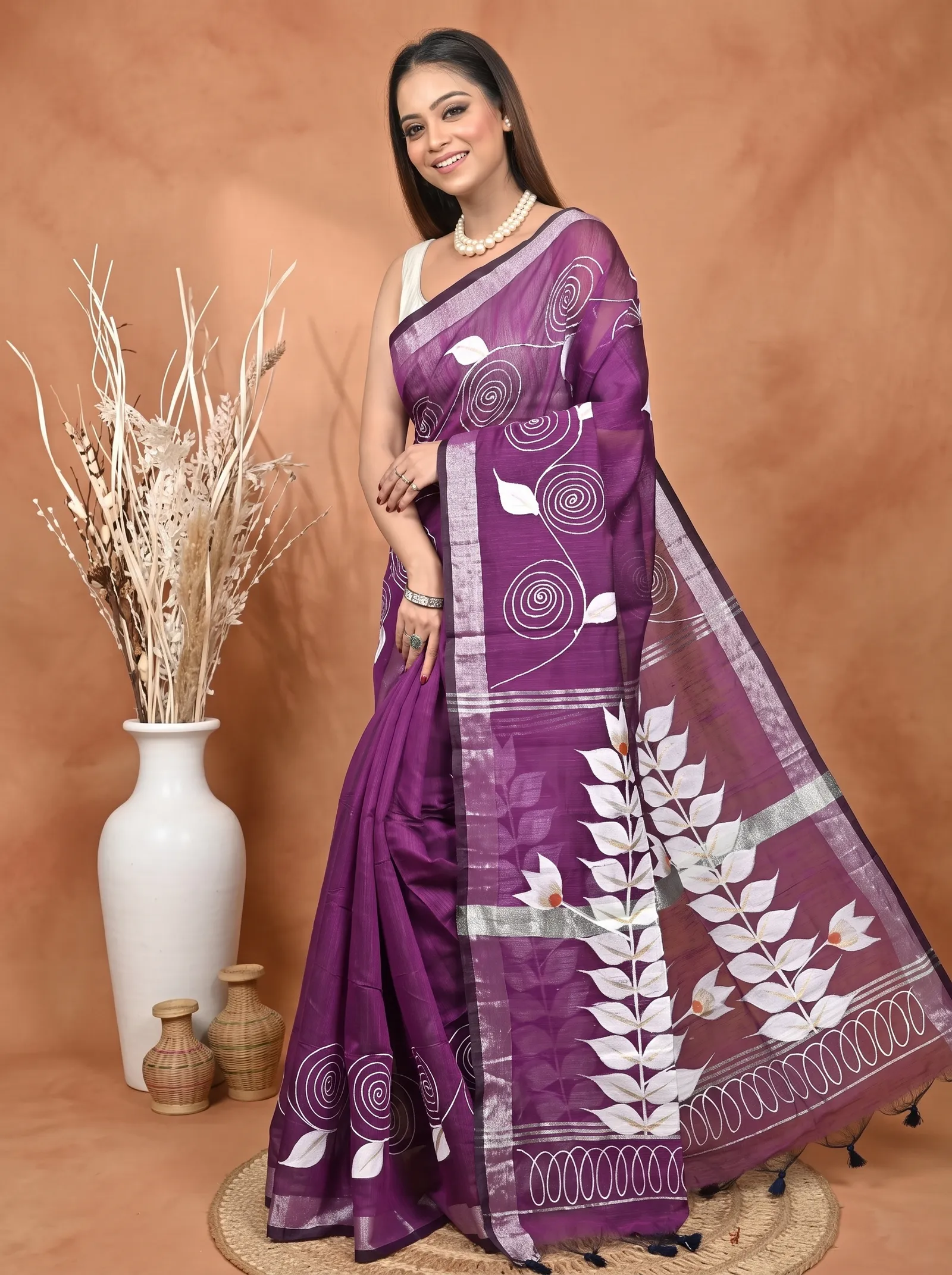 DipDiya Cotton Blend  Traditional Bengali Dark Violet Artisan Crafted Souvar Hand Painted Saree