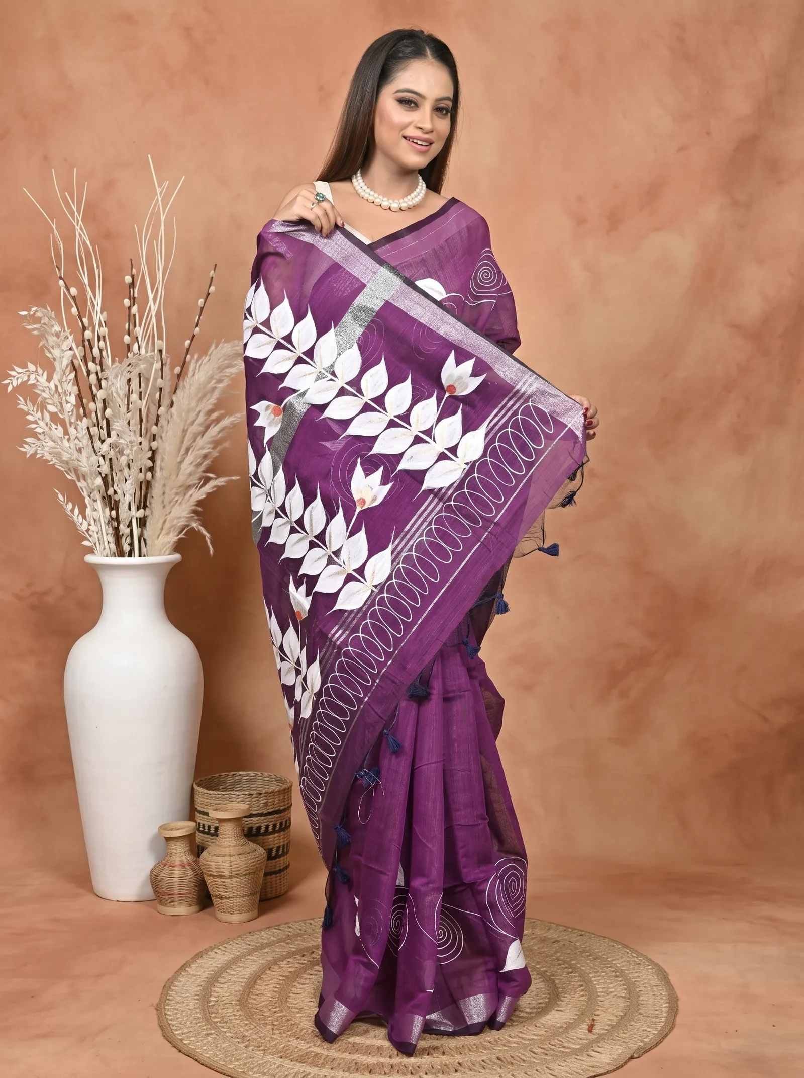 DipDiya Cotton Blend  Traditional Bengali Dark Violet Artisan Crafted Souvar Hand Painted Saree