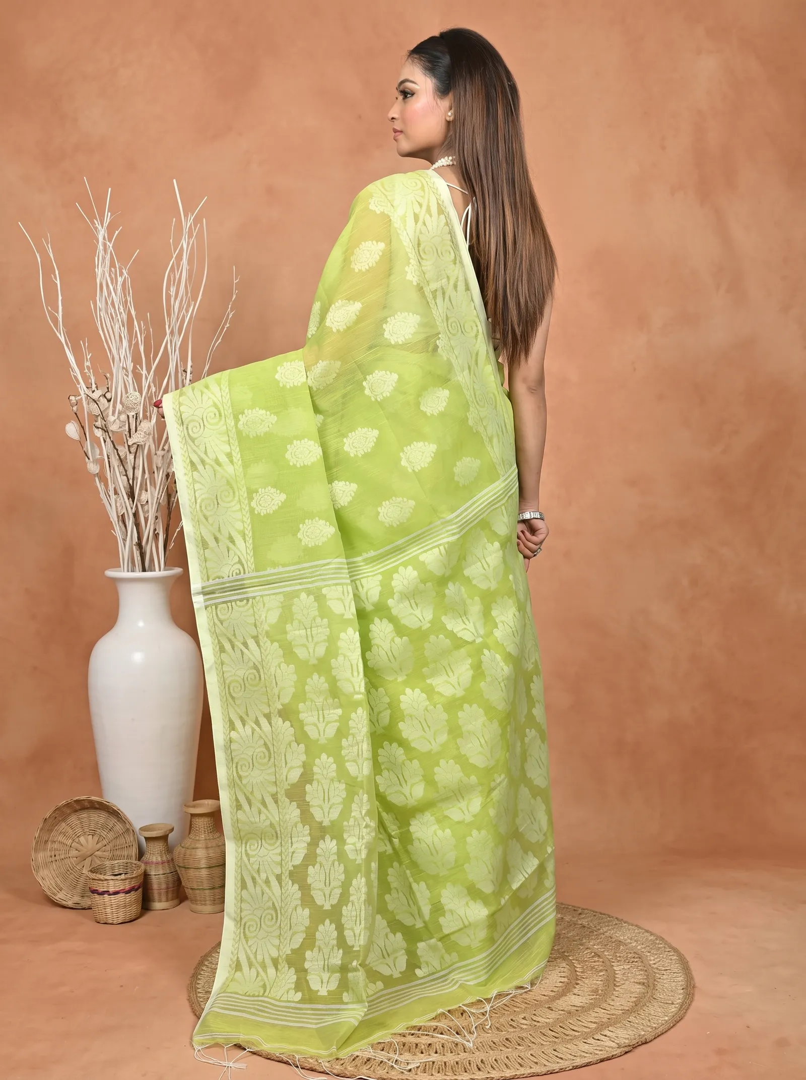 DipDiya Cotton Blend  Traditional Bengali Green Artisan Crafted Parbit Handloom Saree
