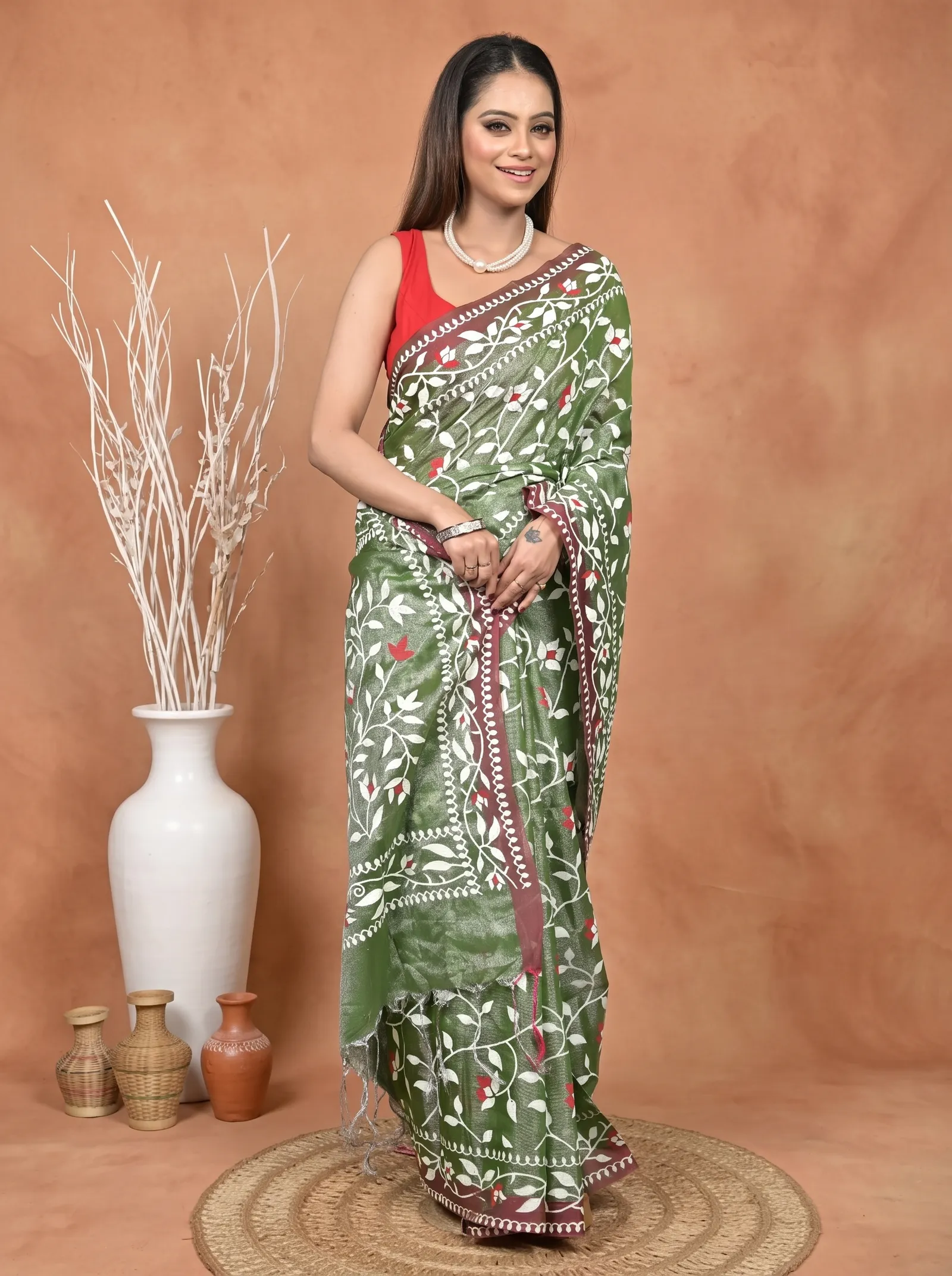 DipDiya Cotton Blend  Traditional Bengali Green Artisan Crafted Parbun Handloom Saree