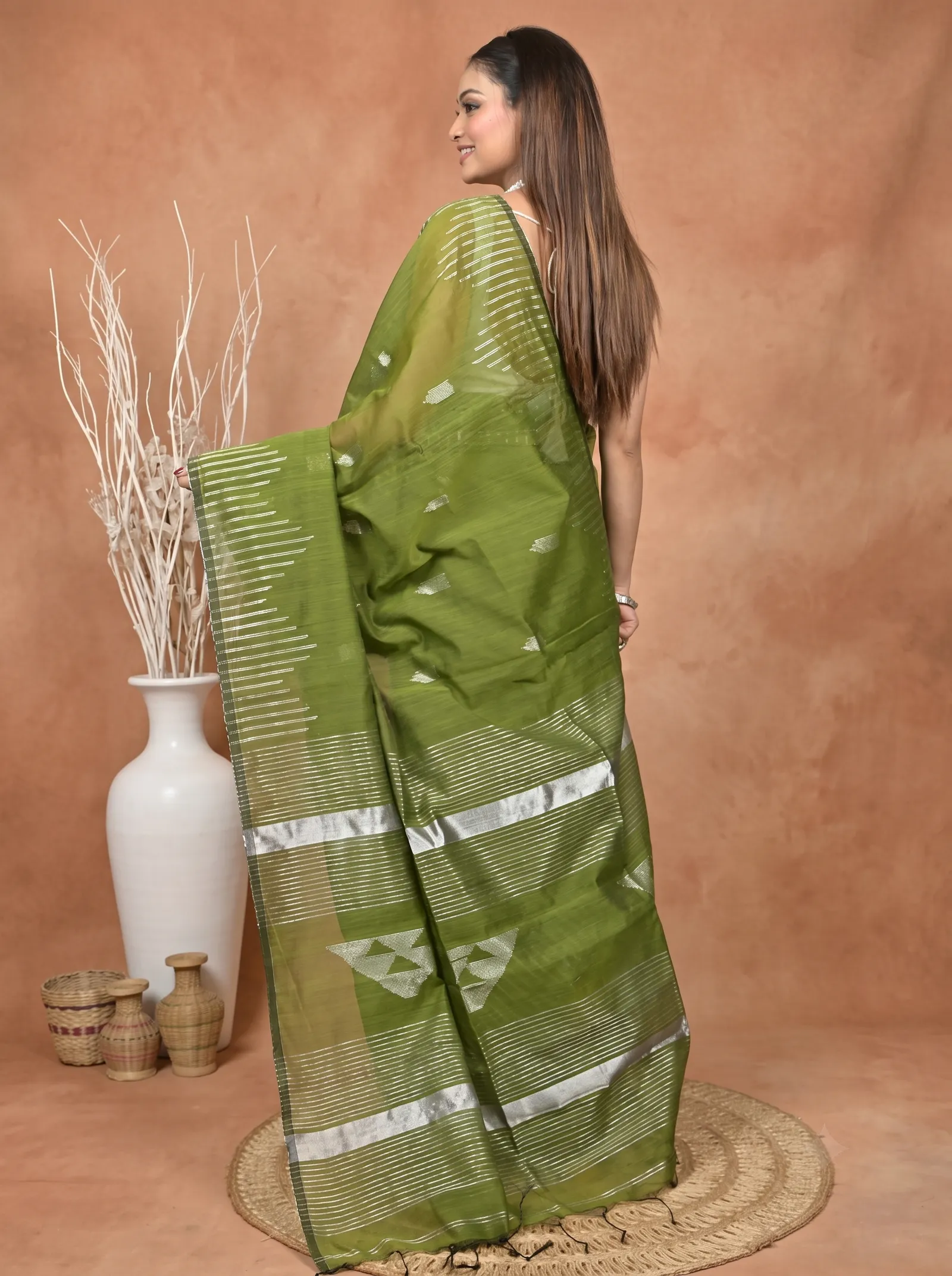 DipDiya Cotton Blend  Traditional Bengali Green Artisan Crafted Soubit Handloom Saree
