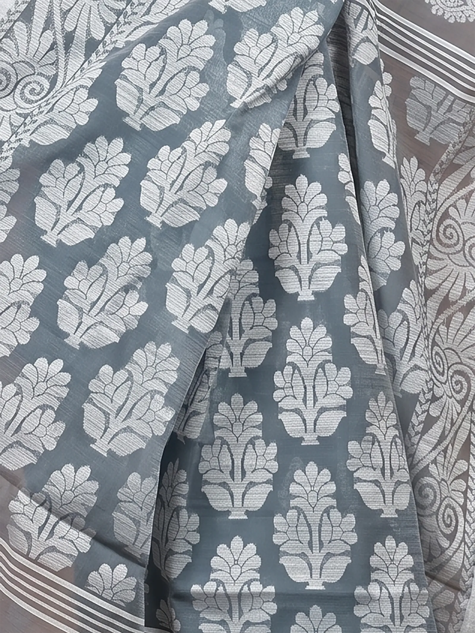 DipDiya Cotton Blend  Traditional Bengali Grey Artisan Crafted Parbit Handloom Saree