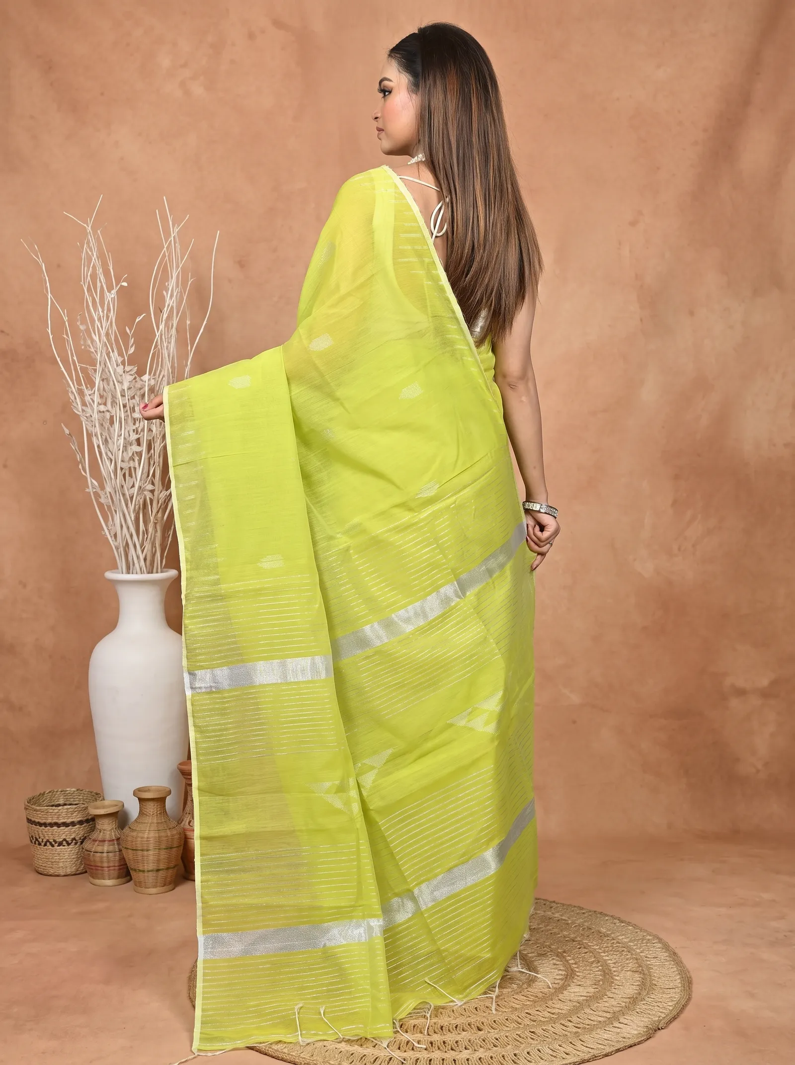 DipDiya Cotton Blend  Traditional Bengali Lemon Green Artisan Crafted Soubit Handloom Saree