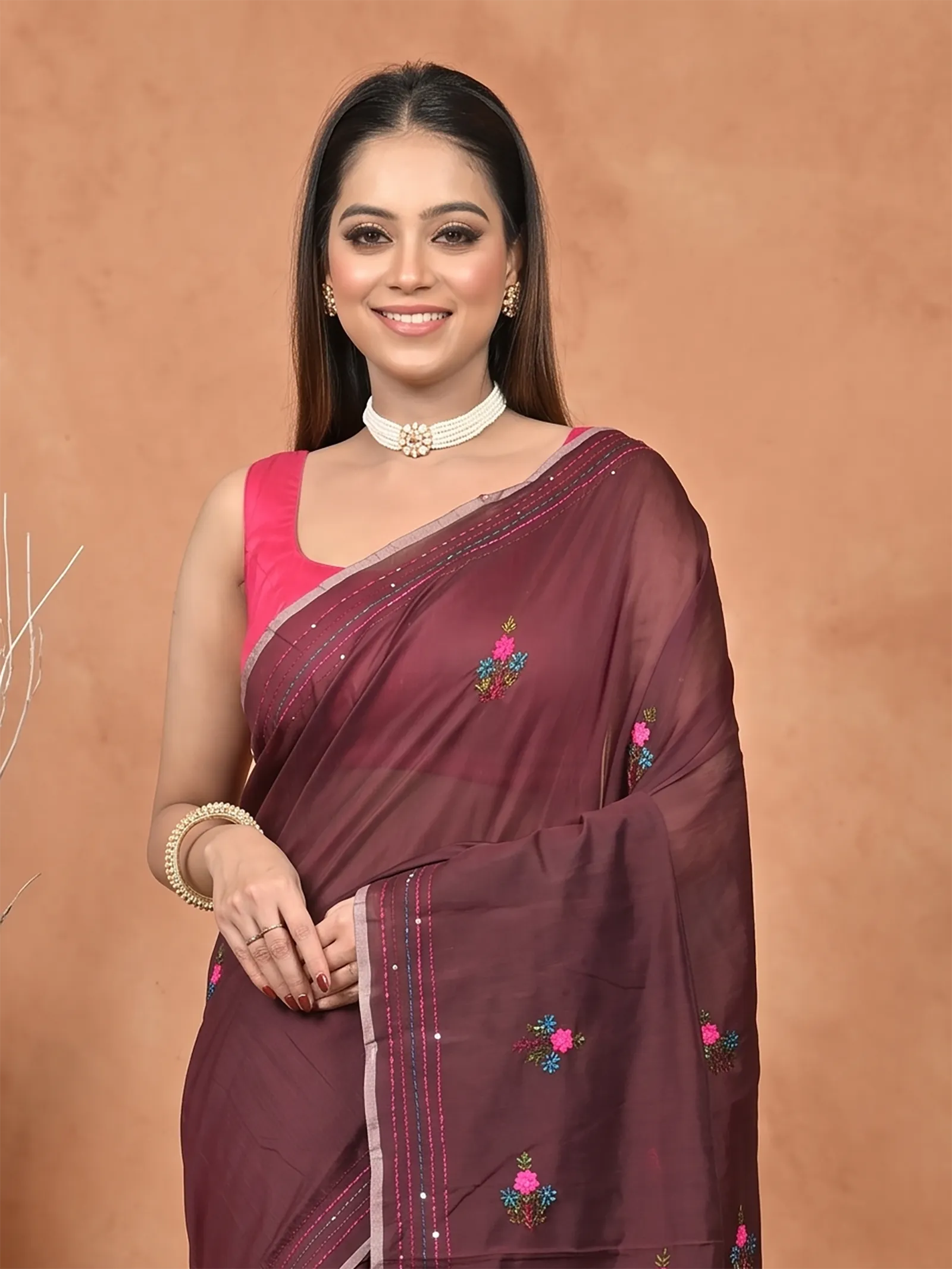 DipDiya Cotton Blend  Traditional Bengali Maroon Artisan Crafted Soubun Kathan Saree