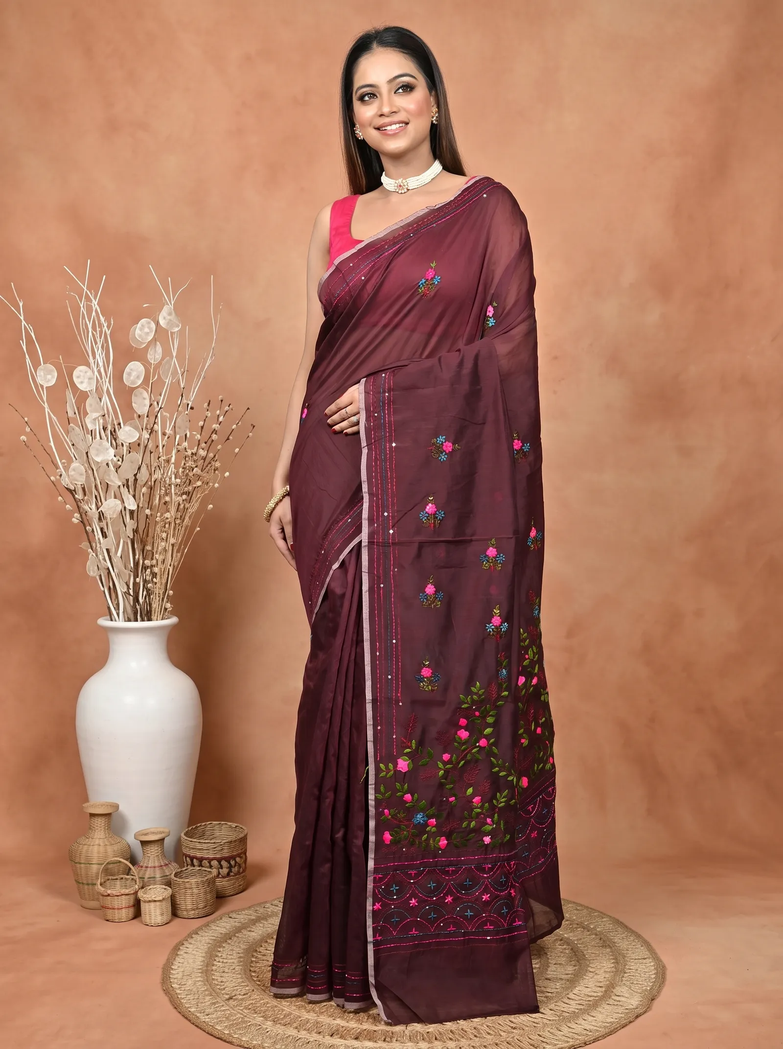 DipDiya Cotton Blend  Traditional Bengali Maroon Artisan Crafted Soubun Kathan Saree
