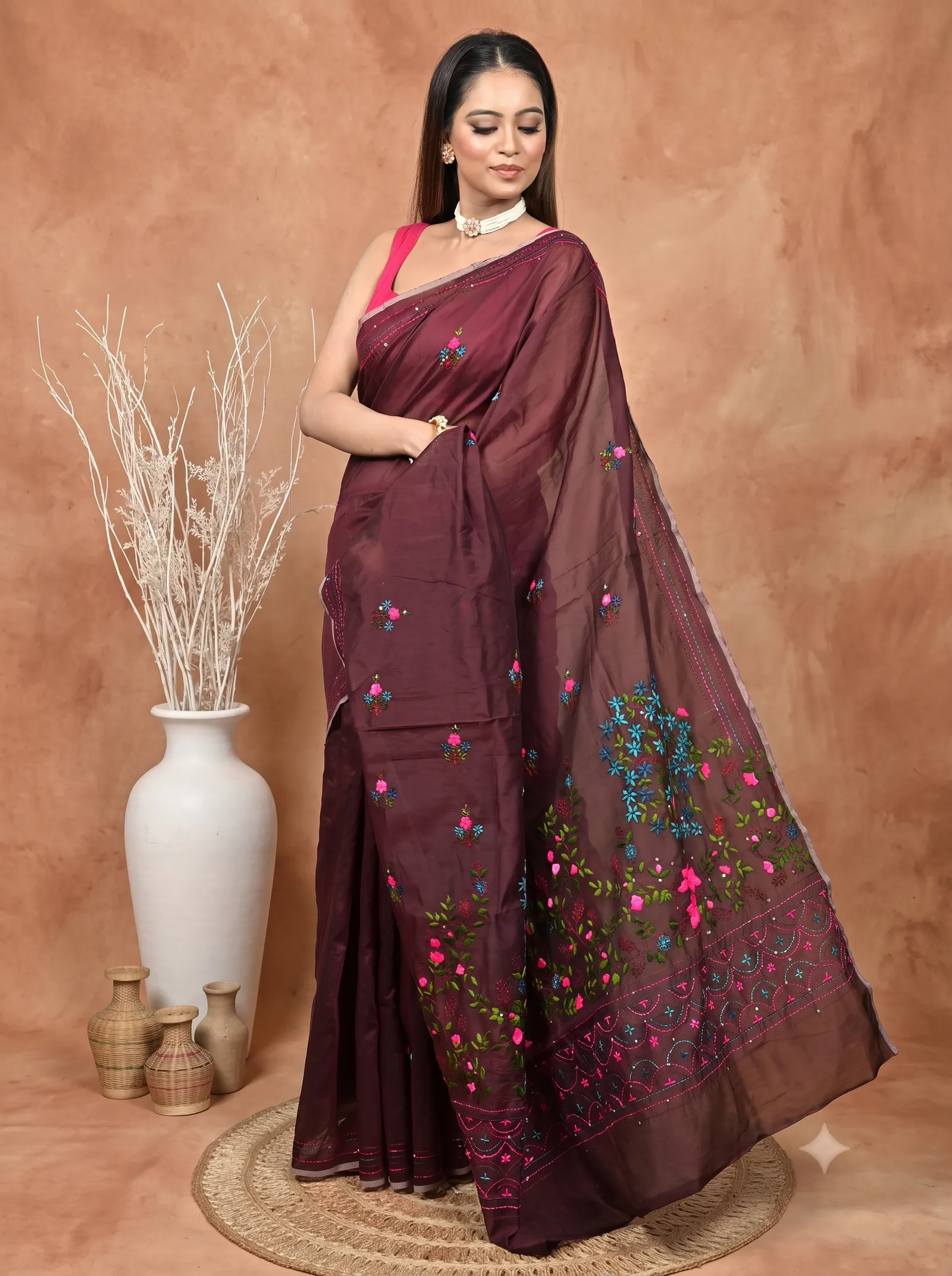 DipDiya Cotton Blend  Traditional Bengali Maroon Artisan Crafted Soubun Kathan Saree