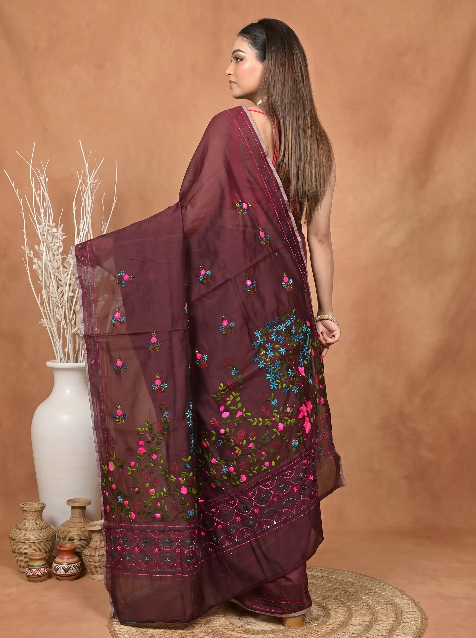 DipDiya Cotton Blend  Traditional Bengali Maroon Artisan Crafted Soubun Kathan Saree