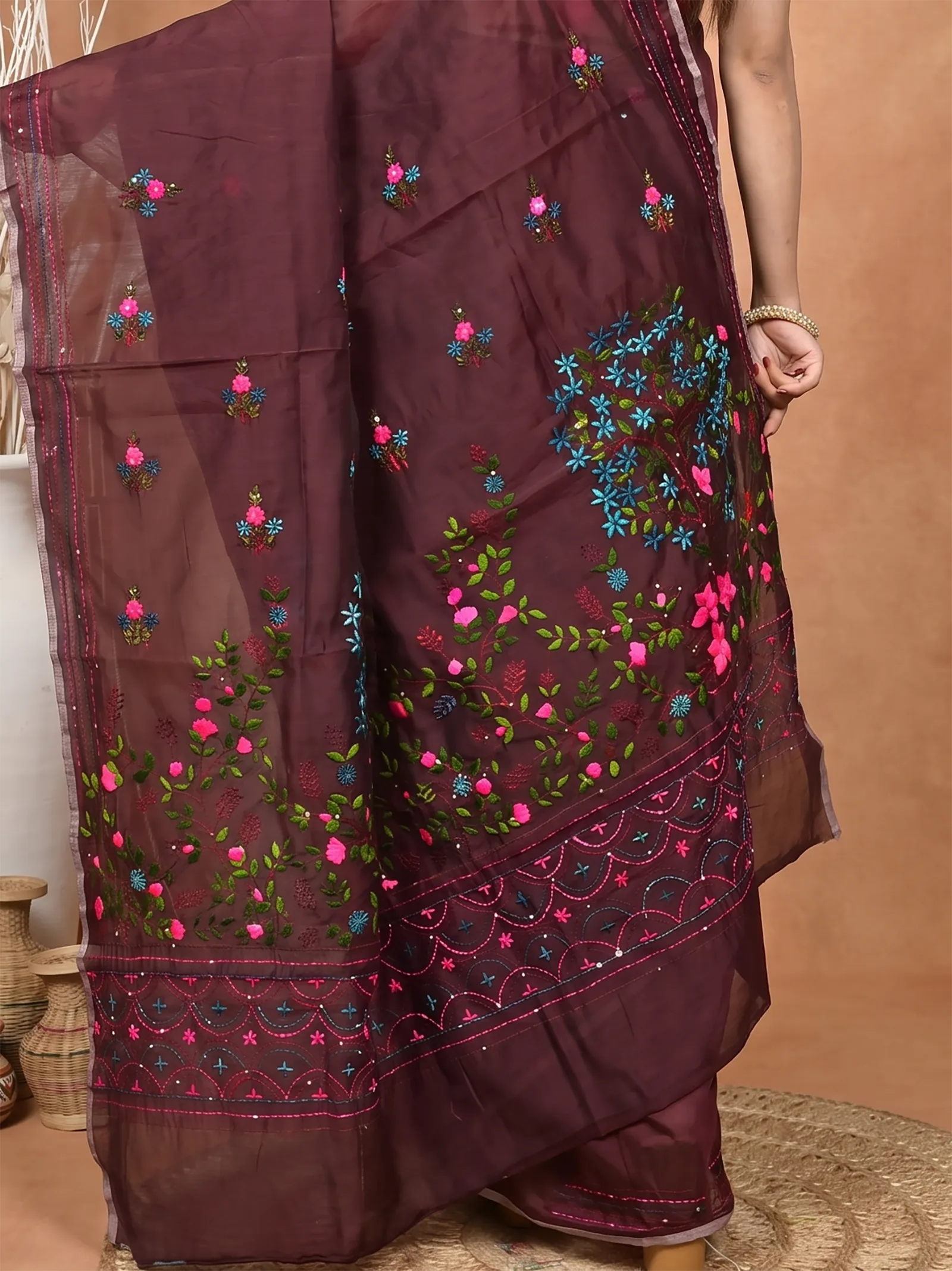DipDiya Cotton Blend  Traditional Bengali Maroon Artisan Crafted Soubun Kathan Saree