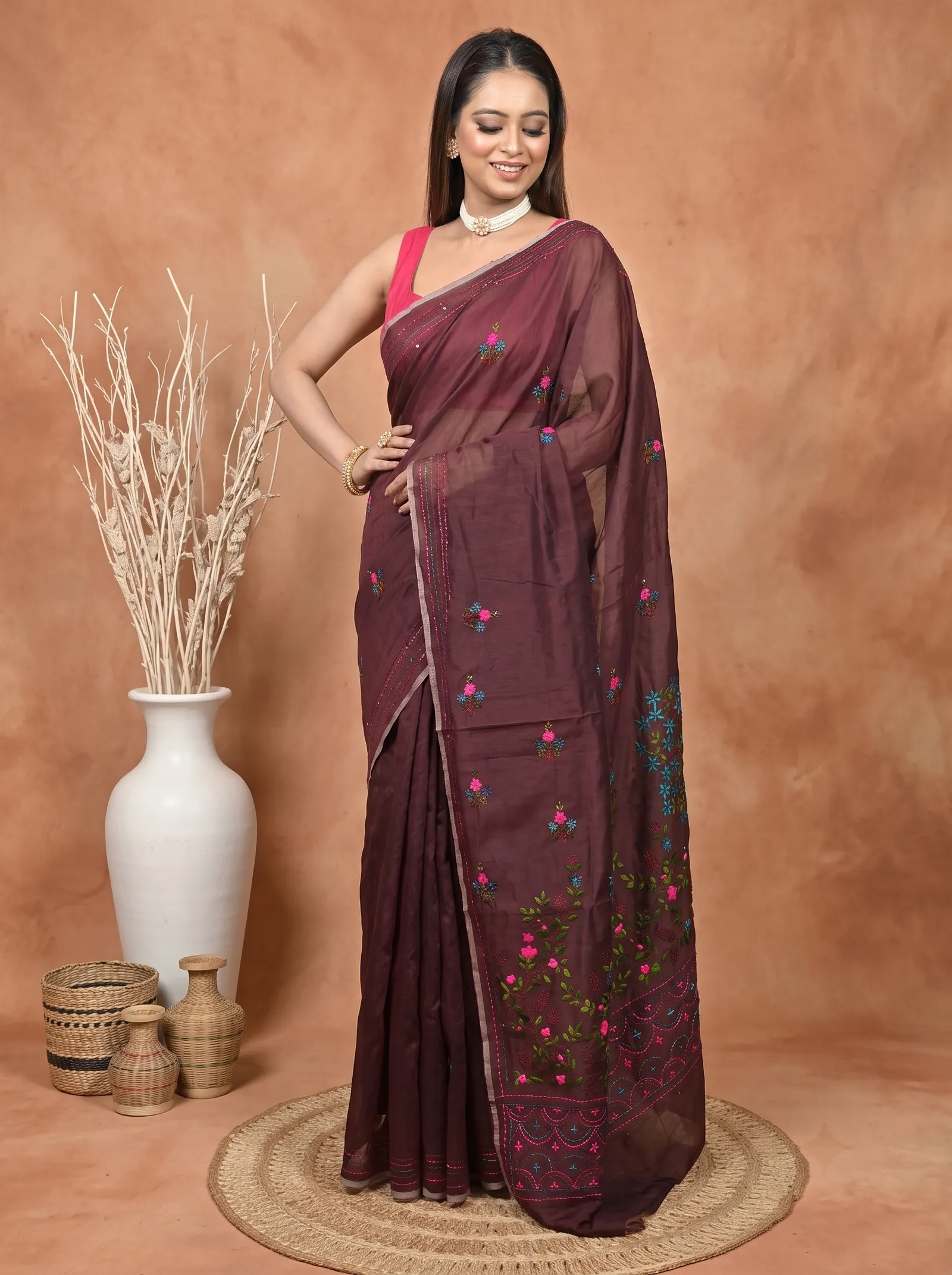 DipDiya Cotton Blend  Traditional Bengali Maroon Artisan Crafted Soubun Kathan Saree
