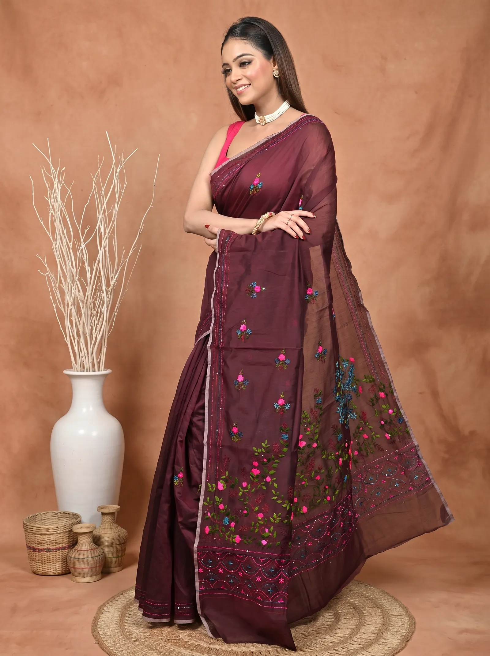DipDiya Cotton Blend  Traditional Bengali Maroon Artisan Crafted Soubun Kathan Saree