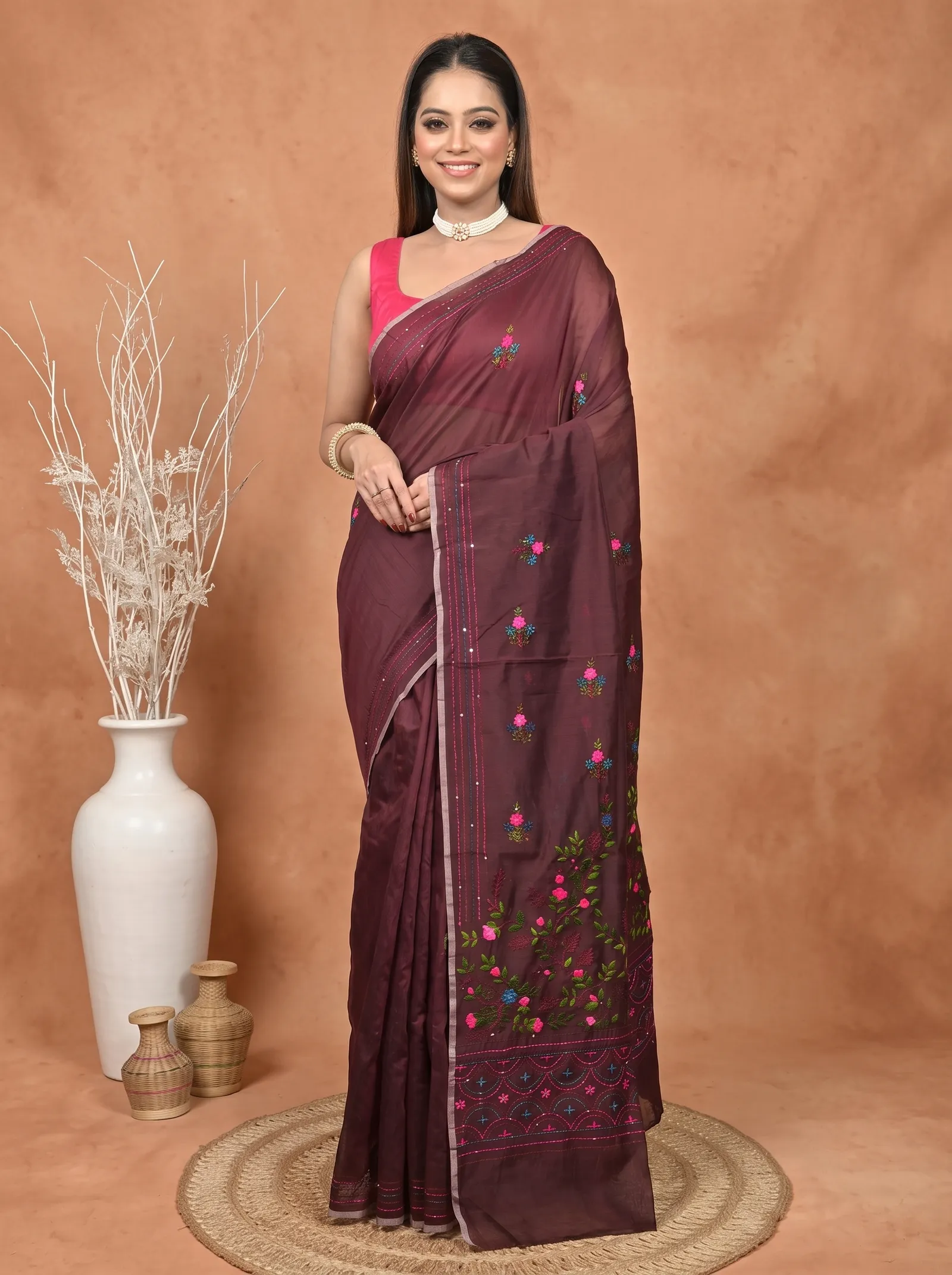 DipDiya Cotton Blend  Traditional Bengali Maroon Artisan Crafted Soubun Kathan Saree