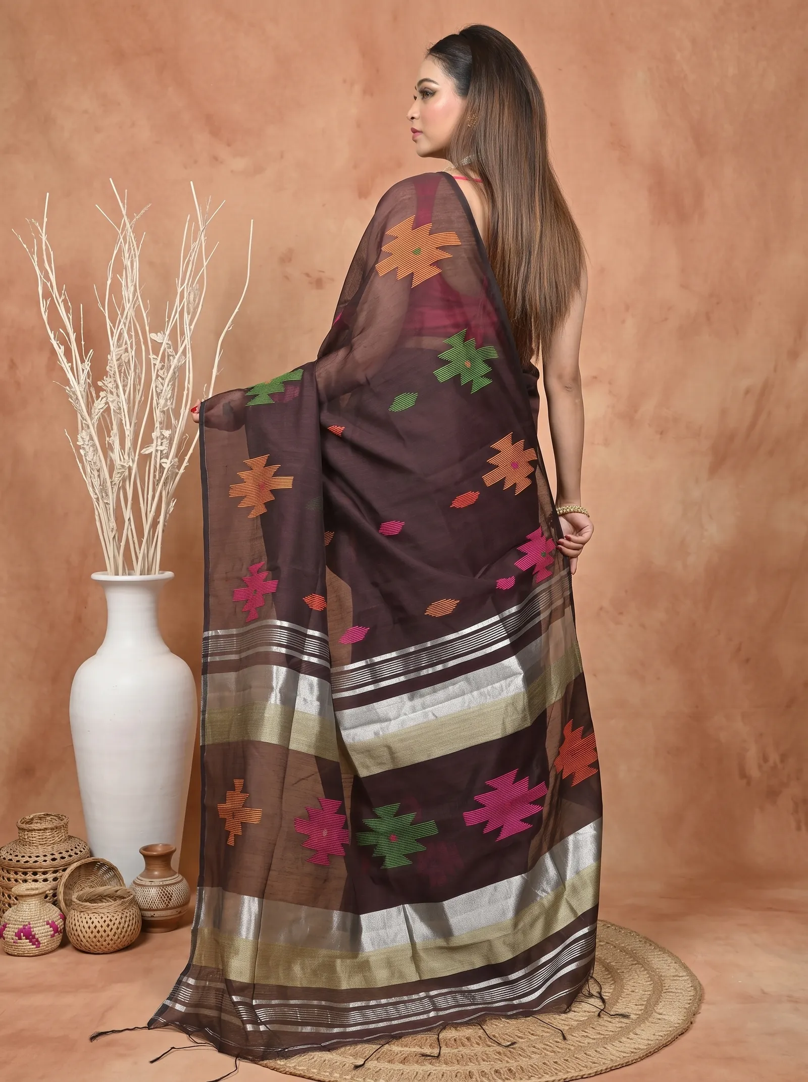 DipDiya Cotton Blend  Traditional Bengali Maroon Artisan Crafted Soulik Handloom Saree