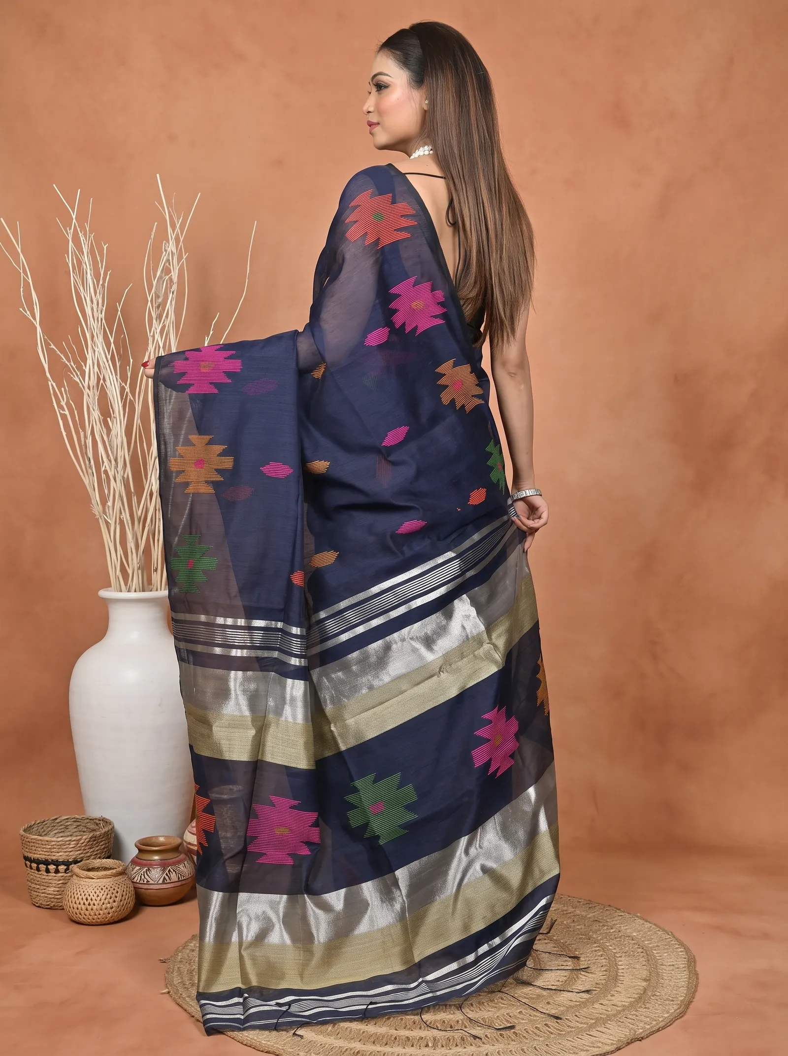 DipDiya Cotton Blend  Traditional Bengali Night Blue Artisan Crafted Soulik Handloom Saree