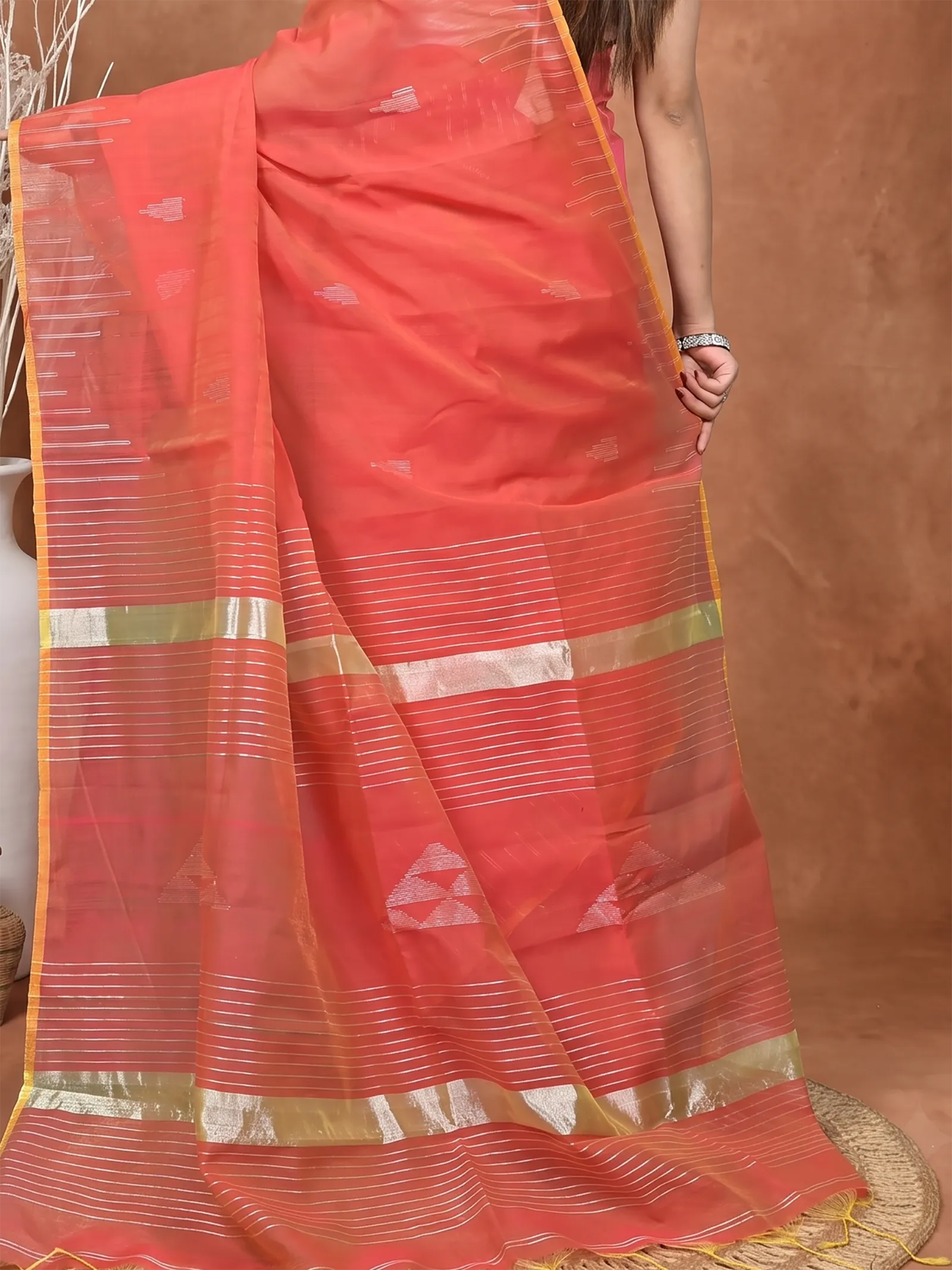 DipDiya Cotton Blend  Traditional Bengali Peach Artisan Crafted Soubit Handloom Saree