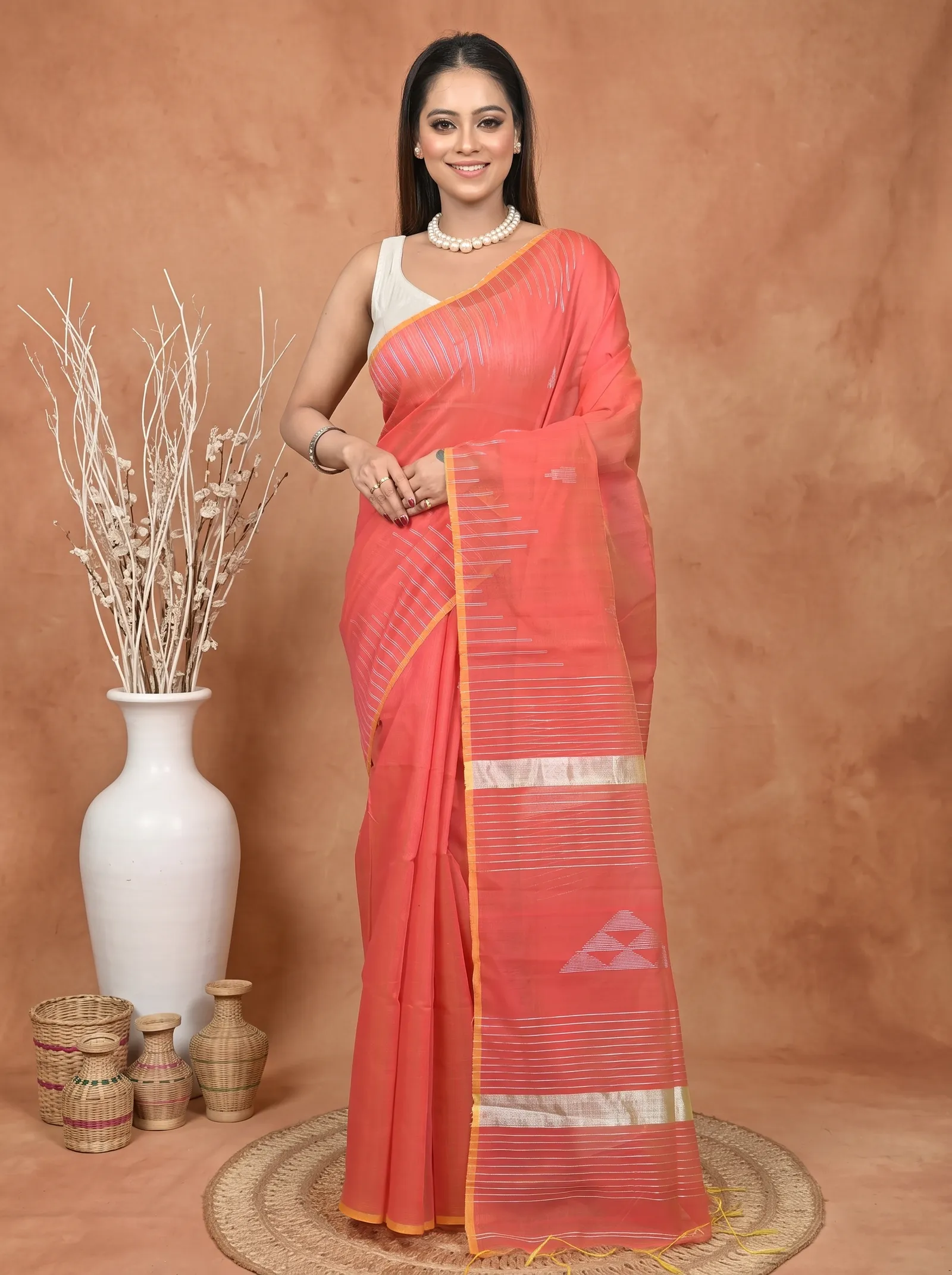DipDiya Cotton Blend  Traditional Bengali Peach Artisan Crafted Soubit Handloom Saree