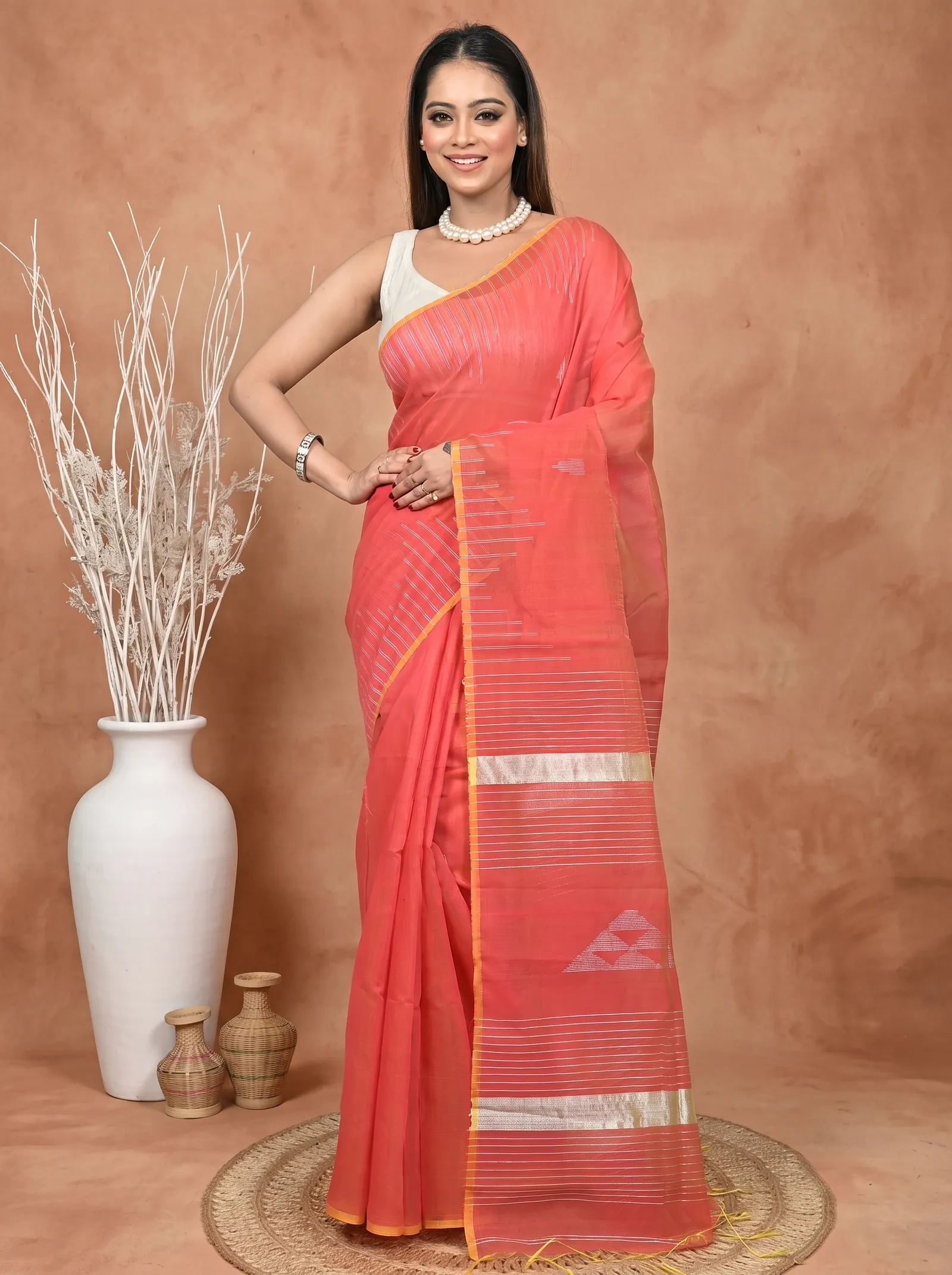 DipDiya Cotton Blend  Traditional Bengali Peach Artisan Crafted Soubit Handloom Saree