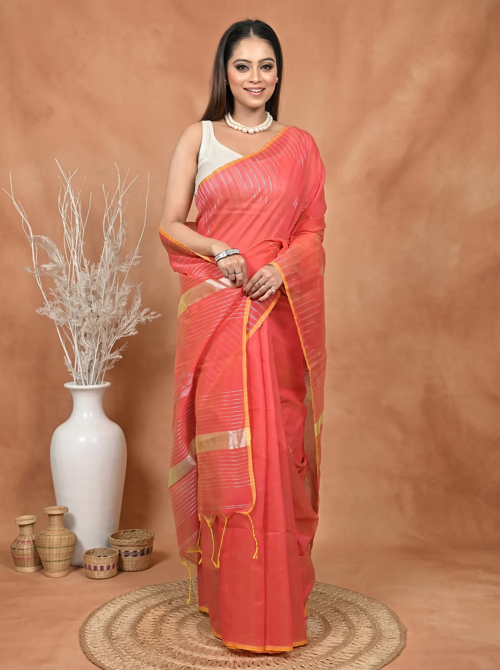 DipDiya Cotton Blend  Traditional Bengali Peach Artisan Crafted Soubit Handloom Saree