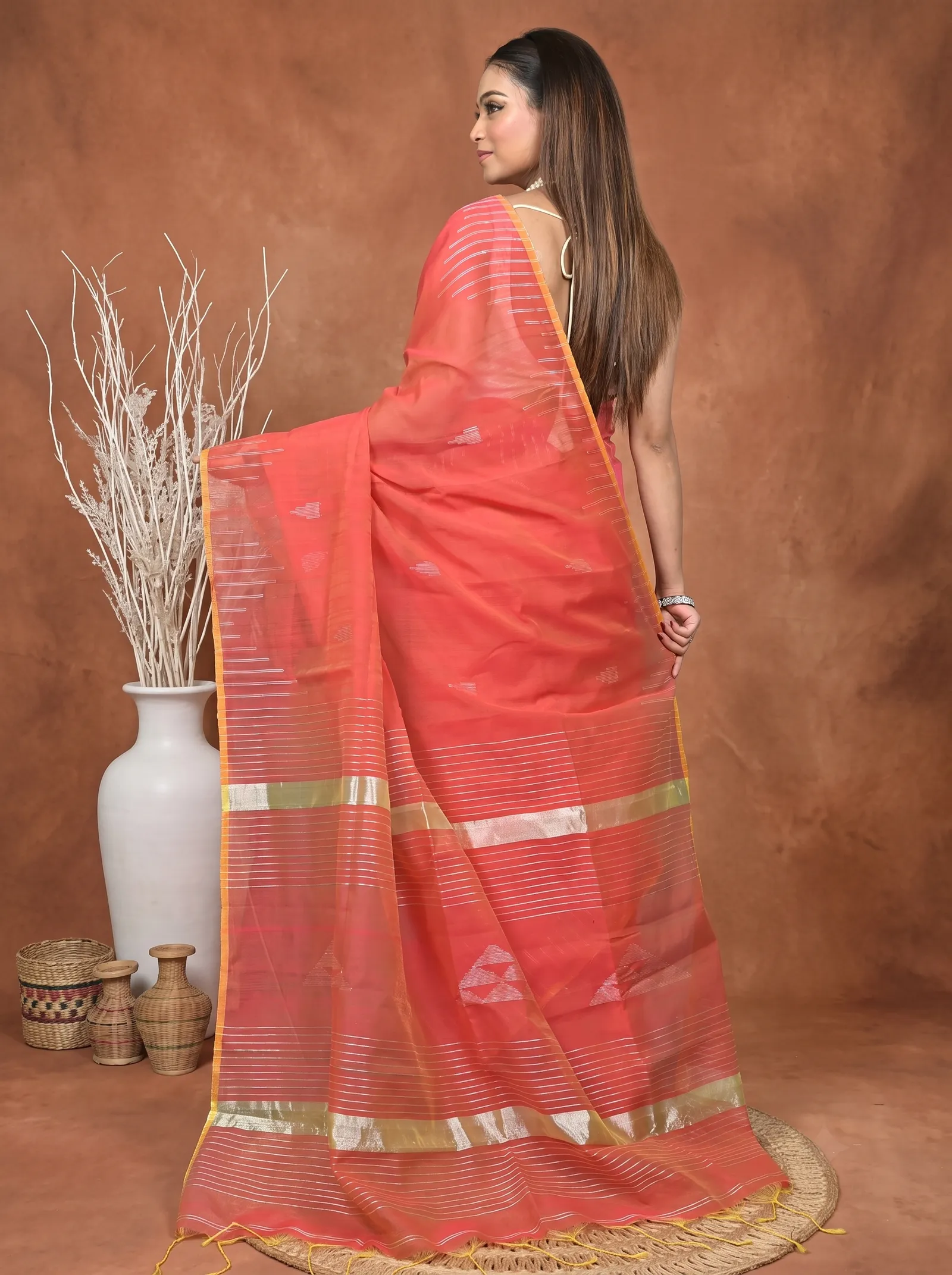 DipDiya Cotton Blend  Traditional Bengali Peach Artisan Crafted Soubit Handloom Saree