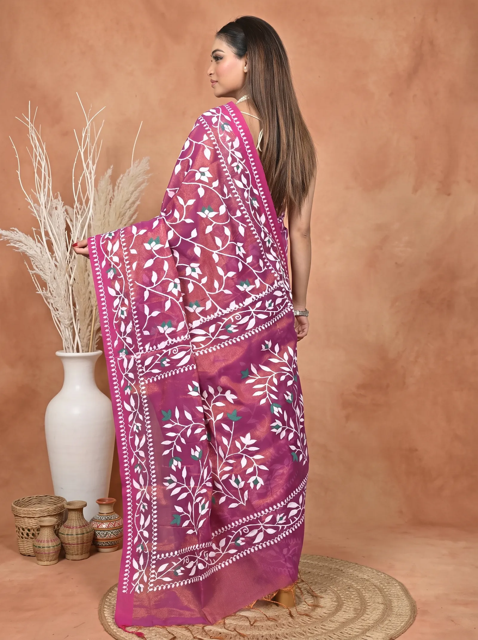 DipDiya Cotton Blend  Traditional Bengali Purpel Artisan Crafted Parbun Handloom Saree