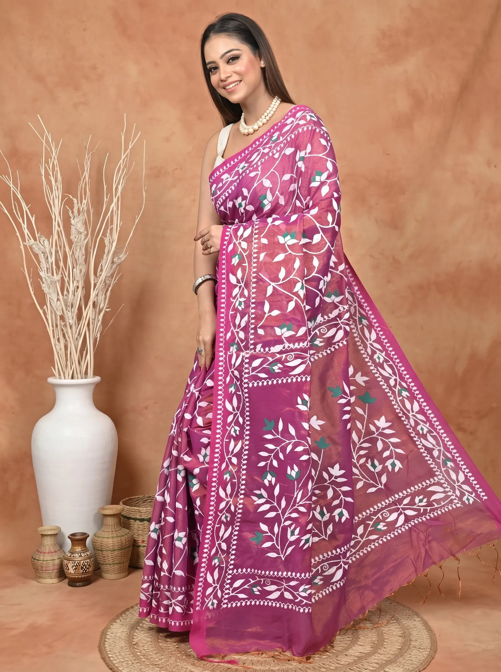 DipDiya Cotton Blend  Traditional Bengali Purpel Artisan Crafted Parbun Handloom Saree