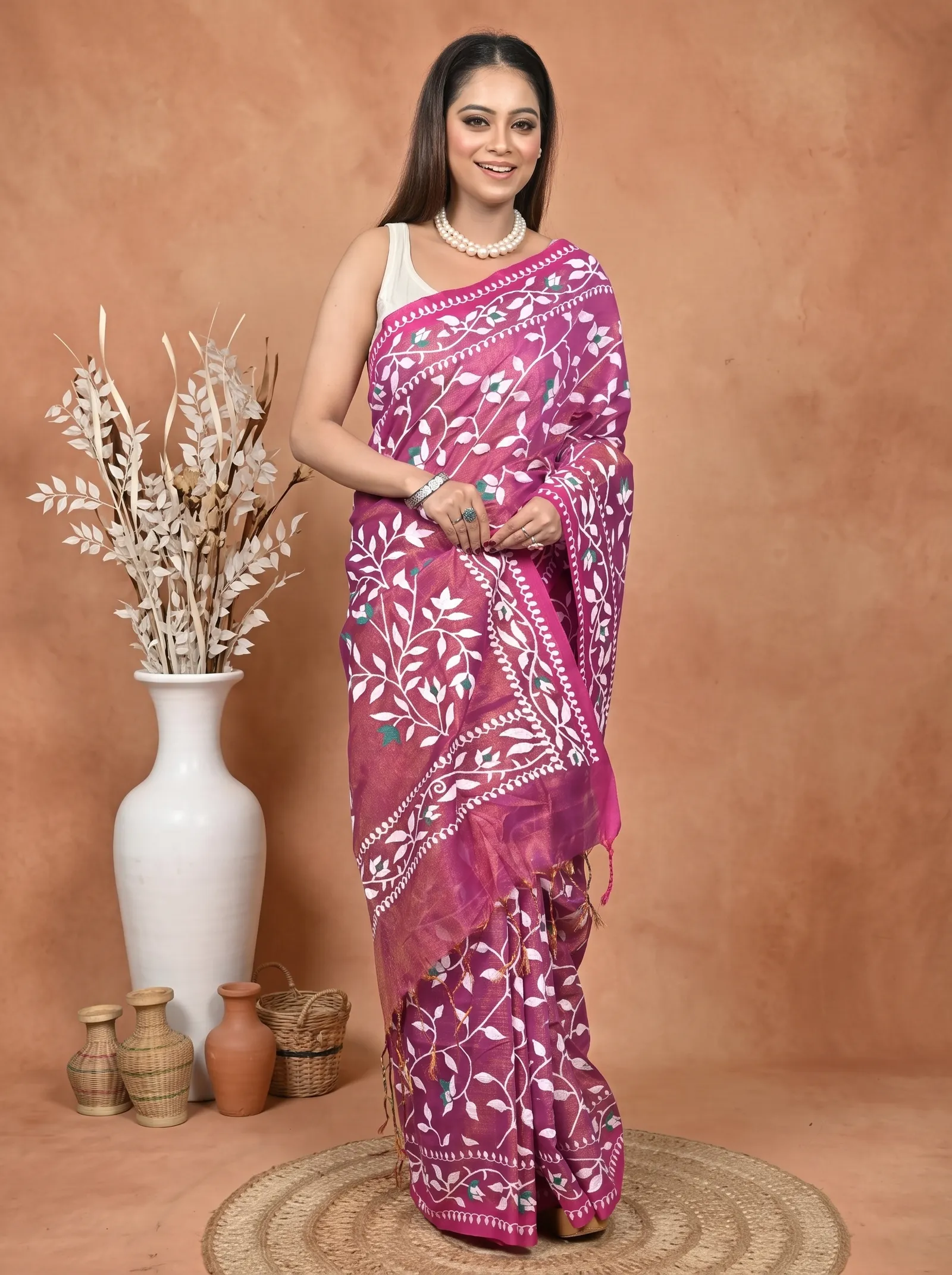 DipDiya Cotton Blend  Traditional Bengali Purpel Artisan Crafted Parbun Handloom Saree