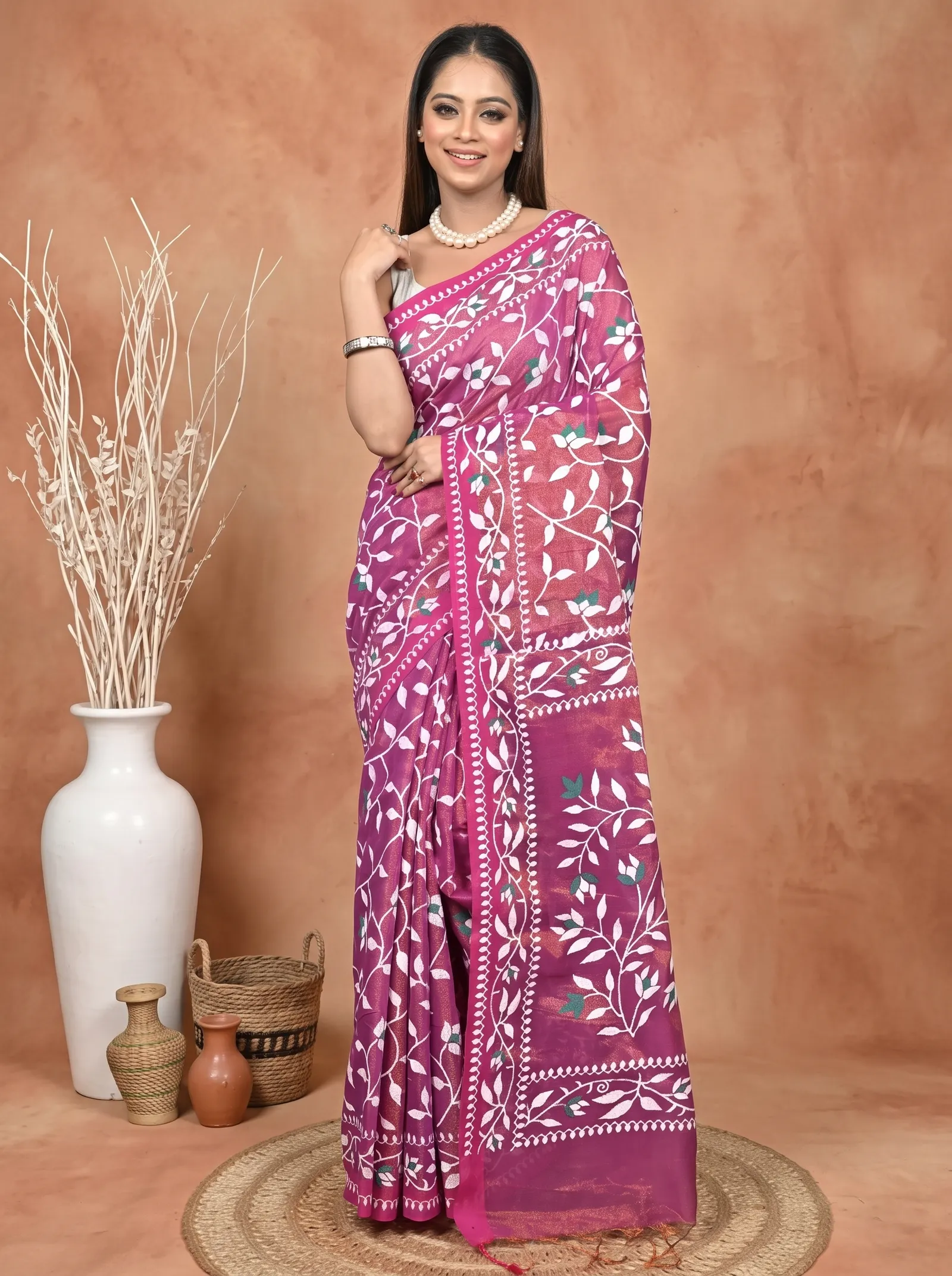 DipDiya Cotton Blend  Traditional Bengali Purpel Artisan Crafted Parbun Handloom Saree