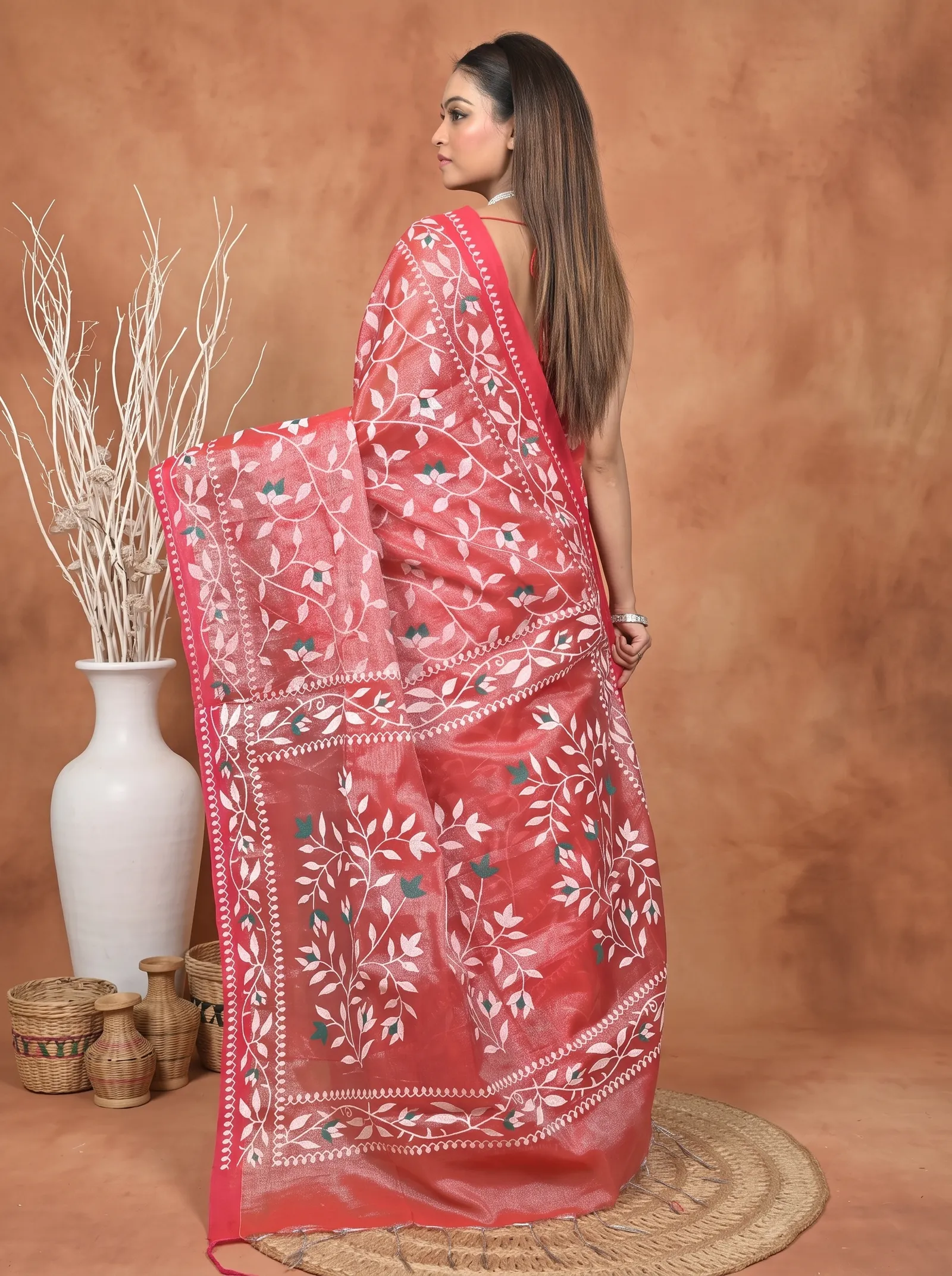 DipDiya Cotton Blend  Traditional Bengali Red Artisan Crafted Parbun Handloom Saree