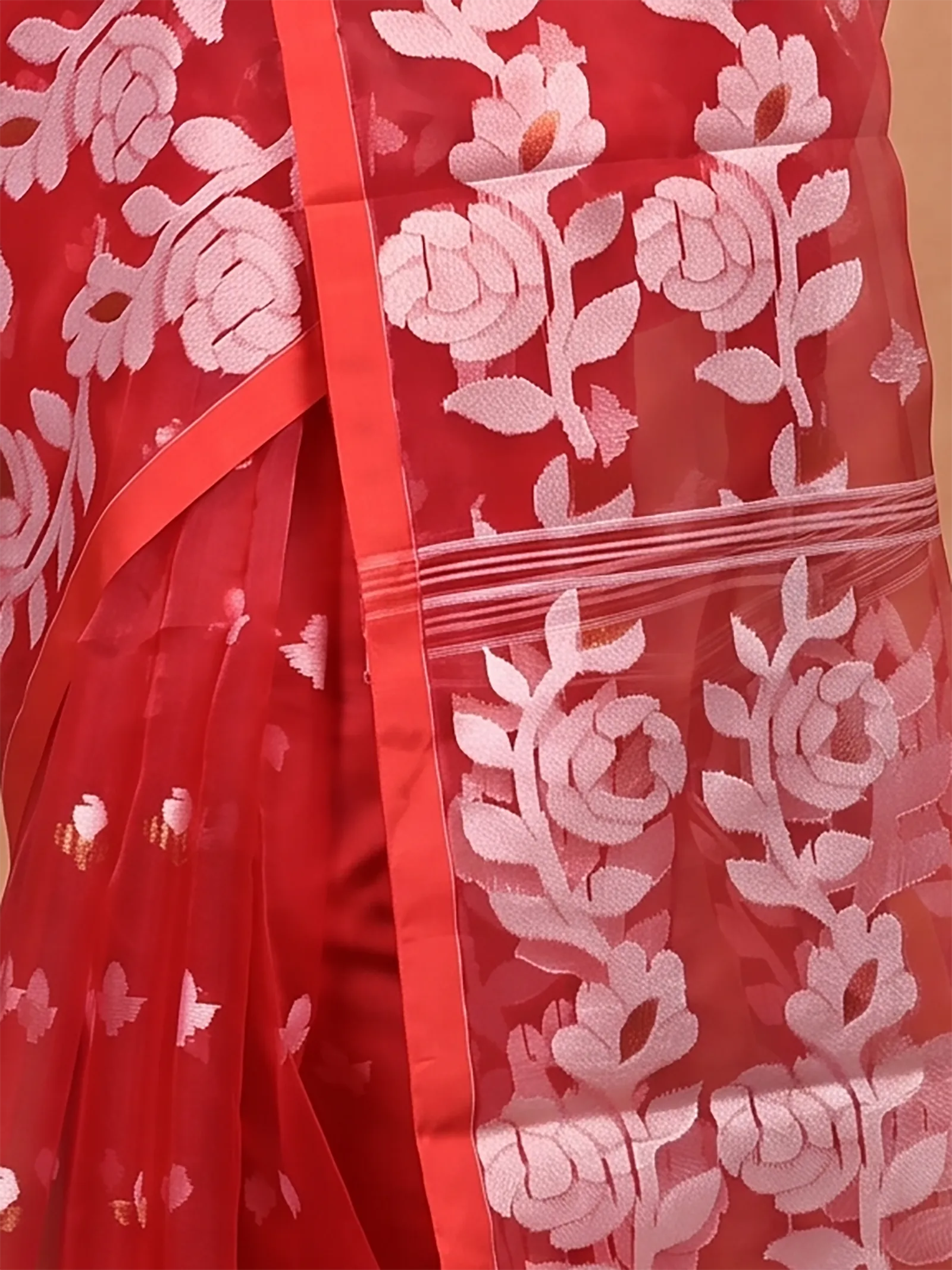 DipDiya Cotton Blend  Traditional Bengali Red Artisan Crafted Soulan Muslin saree