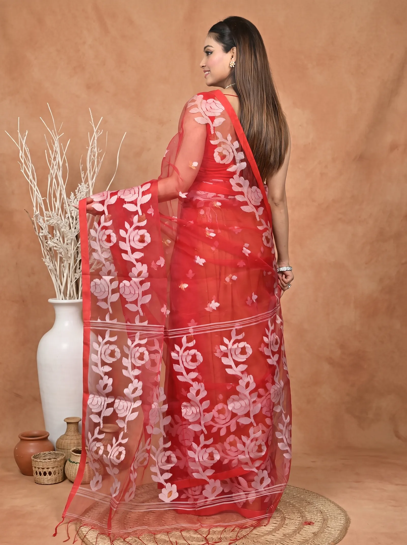 DipDiya Cotton Blend  Traditional Bengali Red Artisan Crafted Soulan Muslin saree