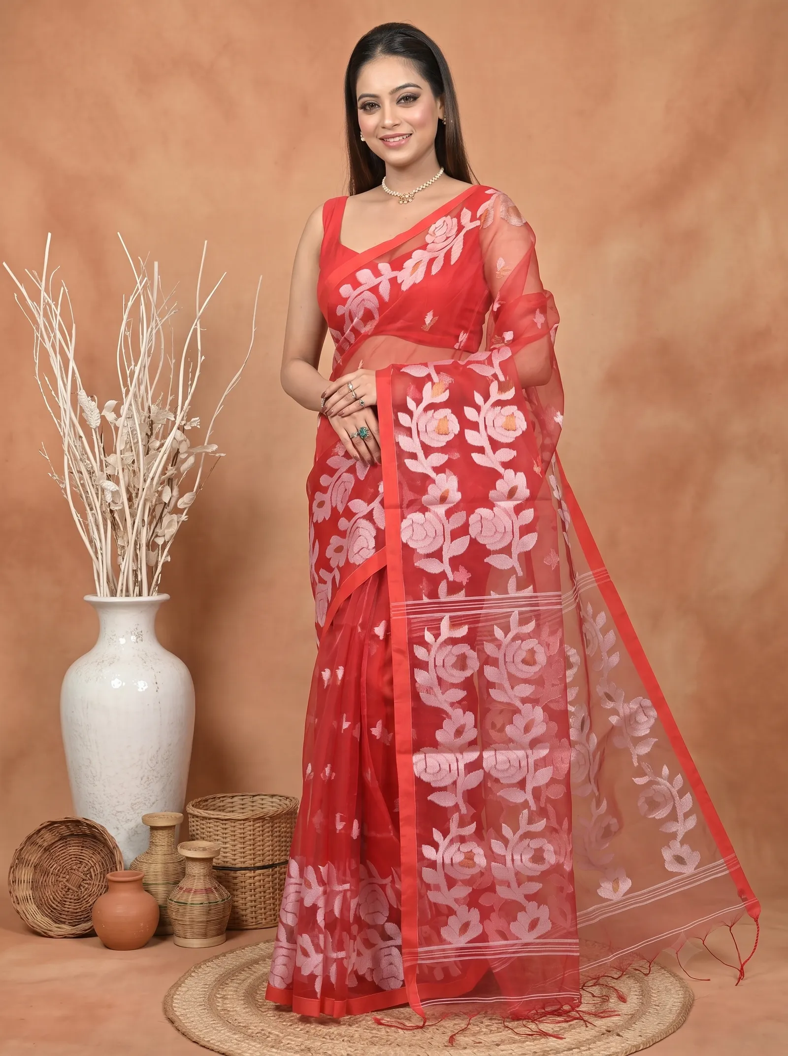 DipDiya Cotton Blend  Traditional Bengali Red Artisan Crafted Soulan Muslin saree