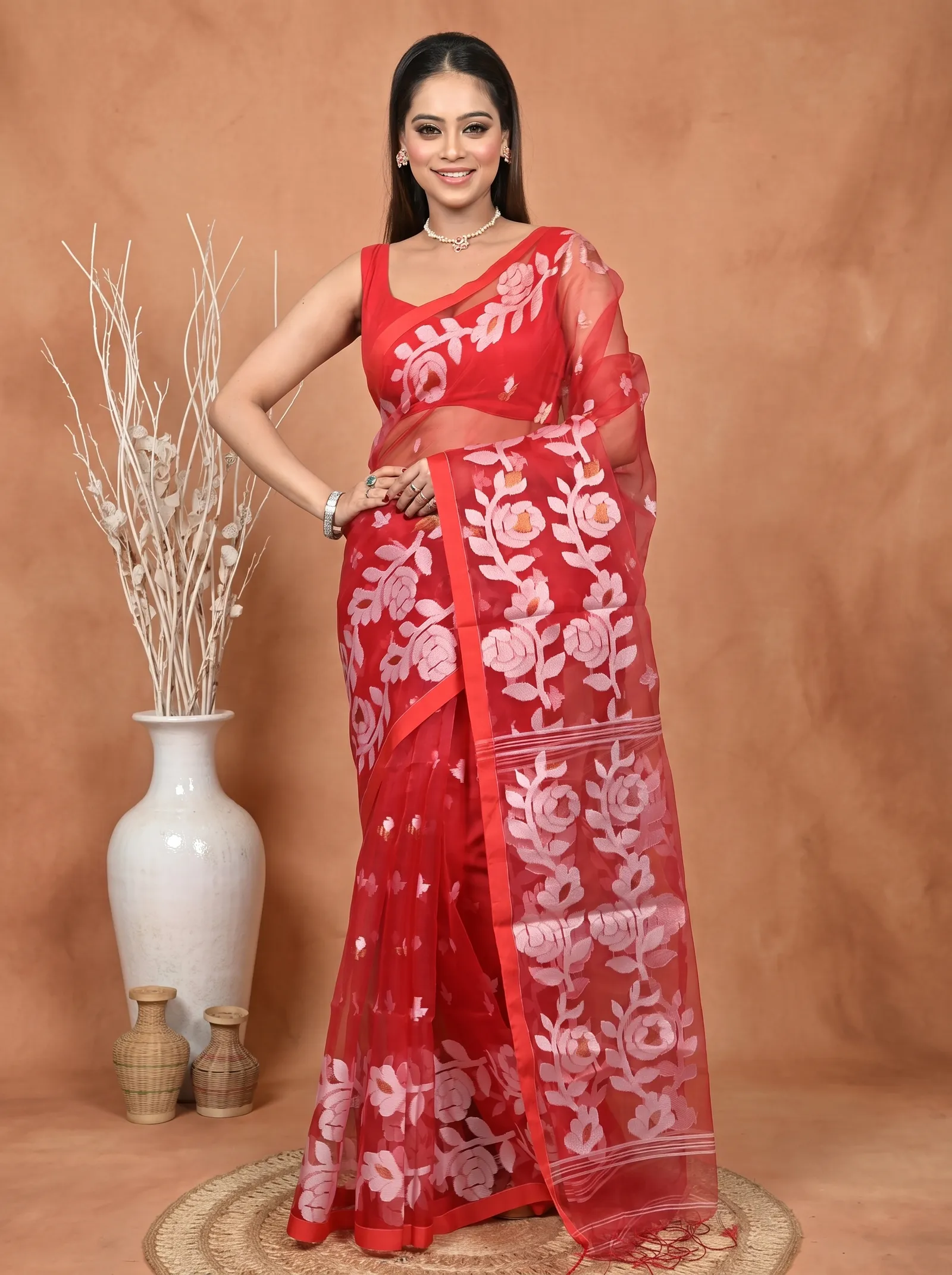 DipDiya Cotton Blend  Traditional Bengali Red Artisan Crafted Soulan Muslin saree