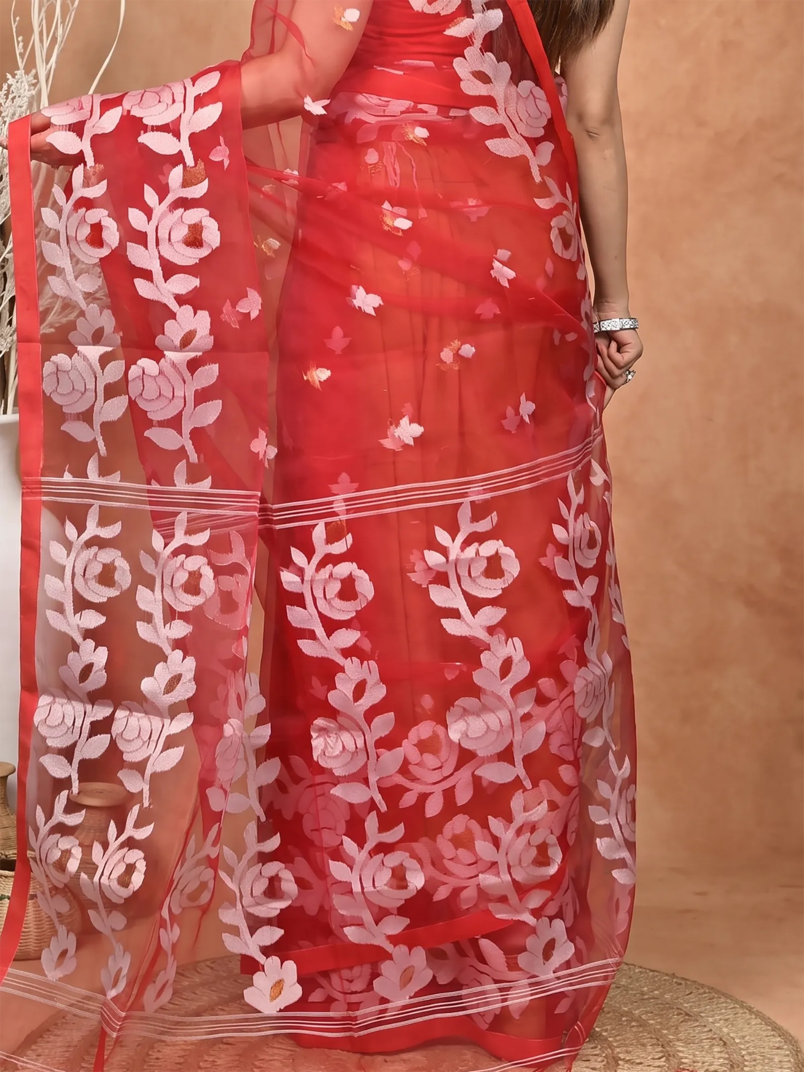 DipDiya Cotton Blend  Traditional Bengali Red Artisan Crafted Soulan Muslin saree