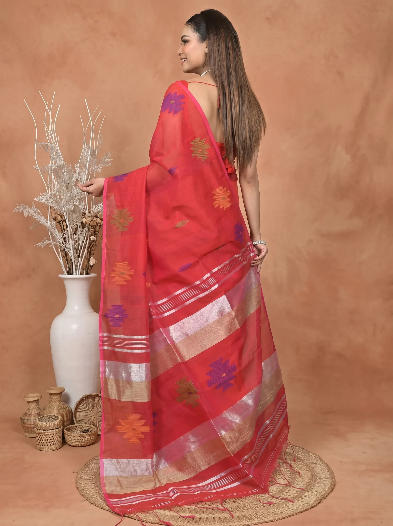 DipDiya Cotton Blend  Traditional Bengali Red Artisan Crafted Soulik Handloom Saree