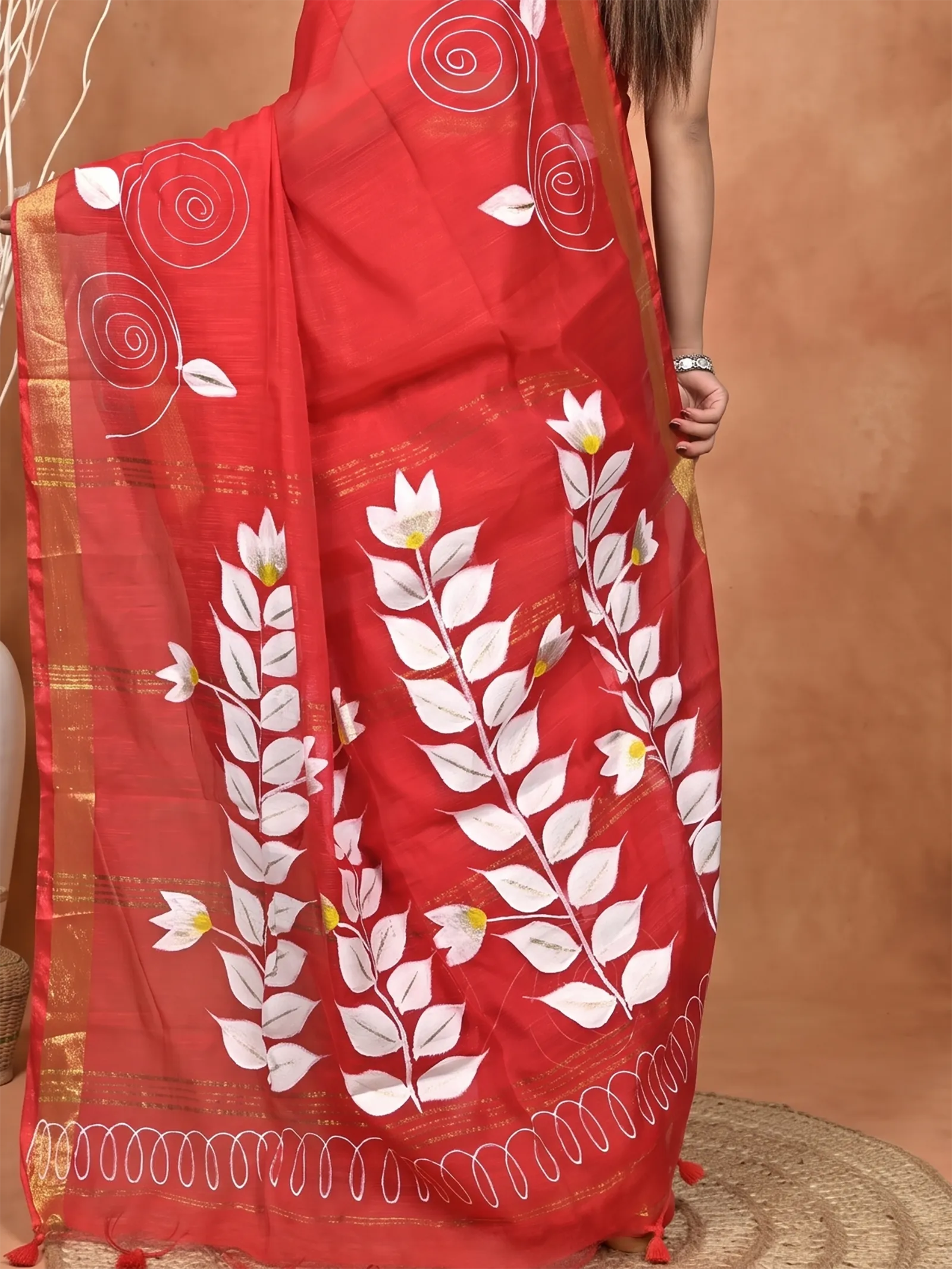 DipDiya Cotton Blend  Traditional Bengali Red Artisan Crafted Souvar Hand Painted Saree