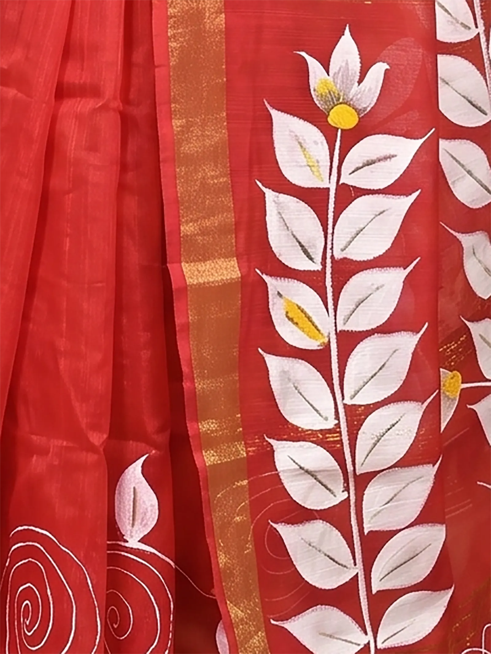 DipDiya Cotton Blend  Traditional Bengali Red Artisan Crafted Souvar Hand Painted Saree