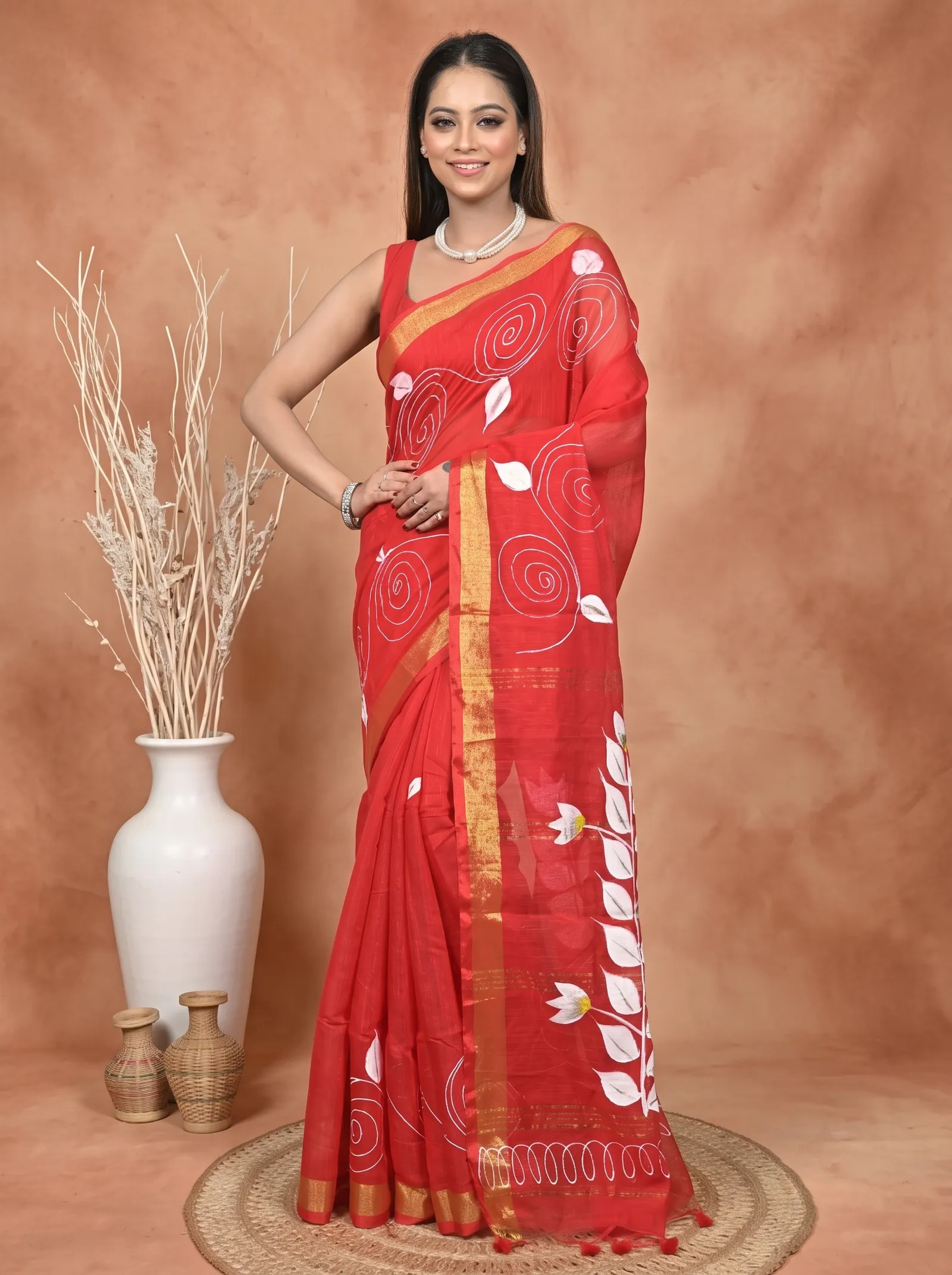 DipDiya Cotton Blend  Traditional Bengali Red Artisan Crafted Souvar Hand Painted Saree