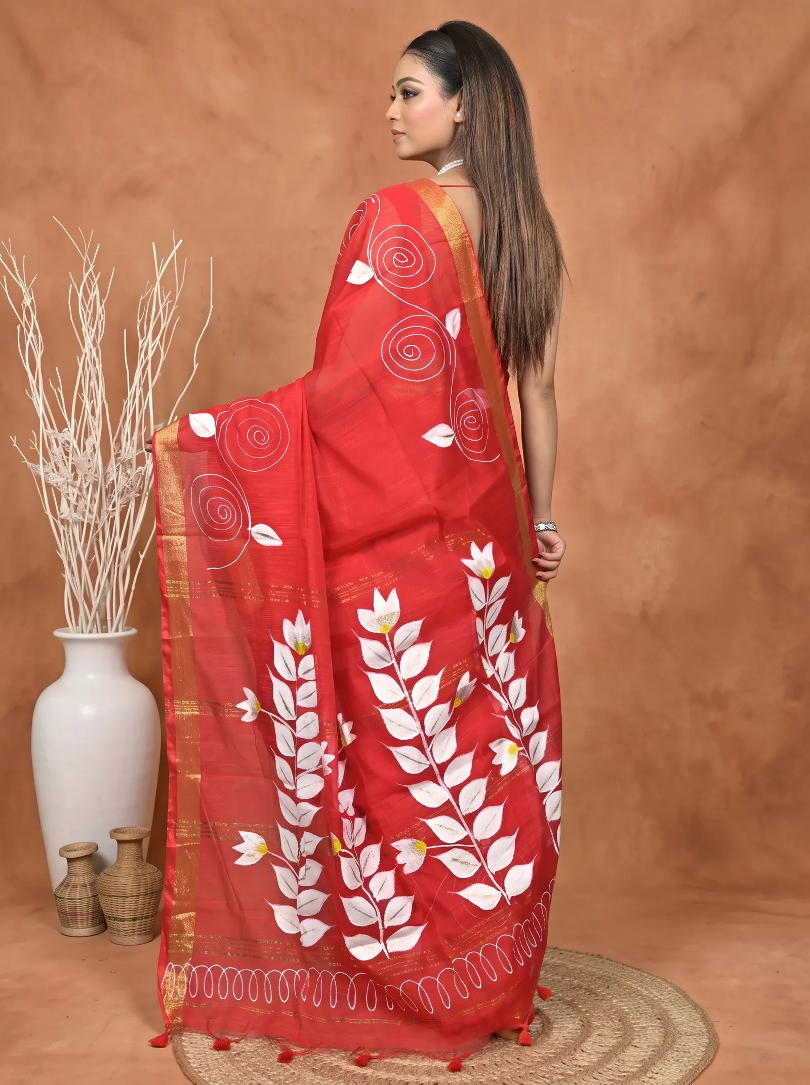 DipDiya Cotton Blend  Traditional Bengali Red Artisan Crafted Souvar Hand Painted Saree