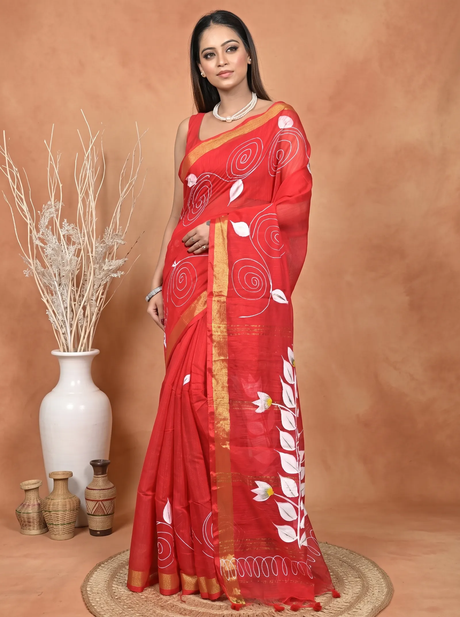 DipDiya Cotton Blend  Traditional Bengali Red Artisan Crafted Souvar Hand Painted Saree