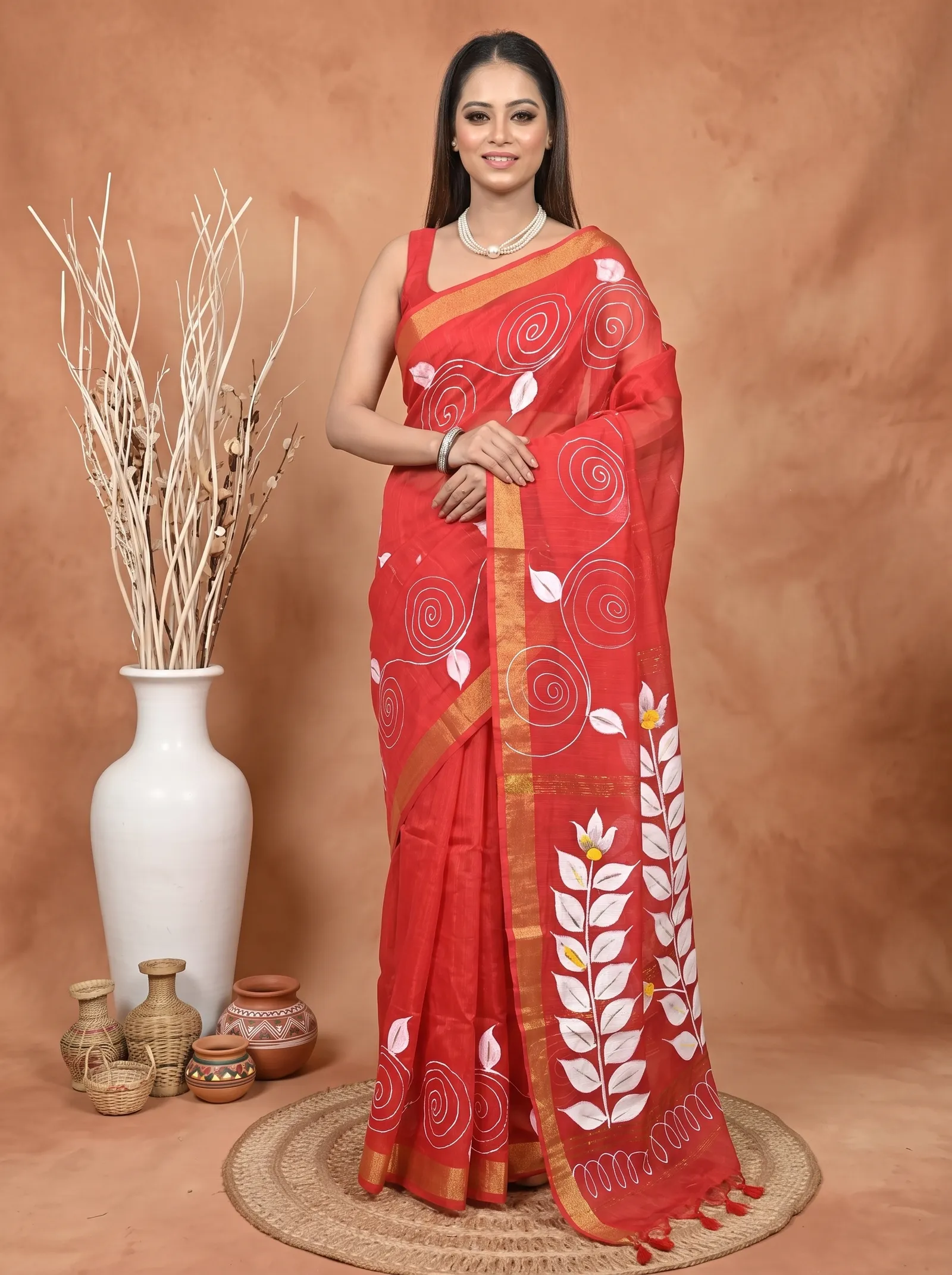 DipDiya Cotton Blend  Traditional Bengali Red Artisan Crafted Souvar Hand Painted Saree