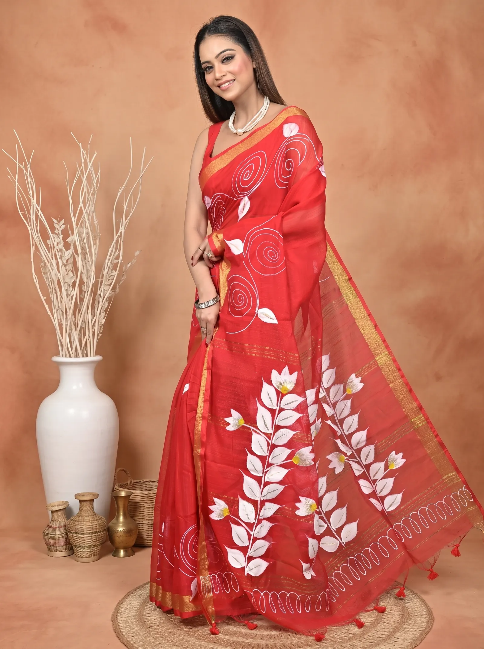 DipDiya Cotton Blend  Traditional Bengali Red Artisan Crafted Souvar Hand Painted Saree