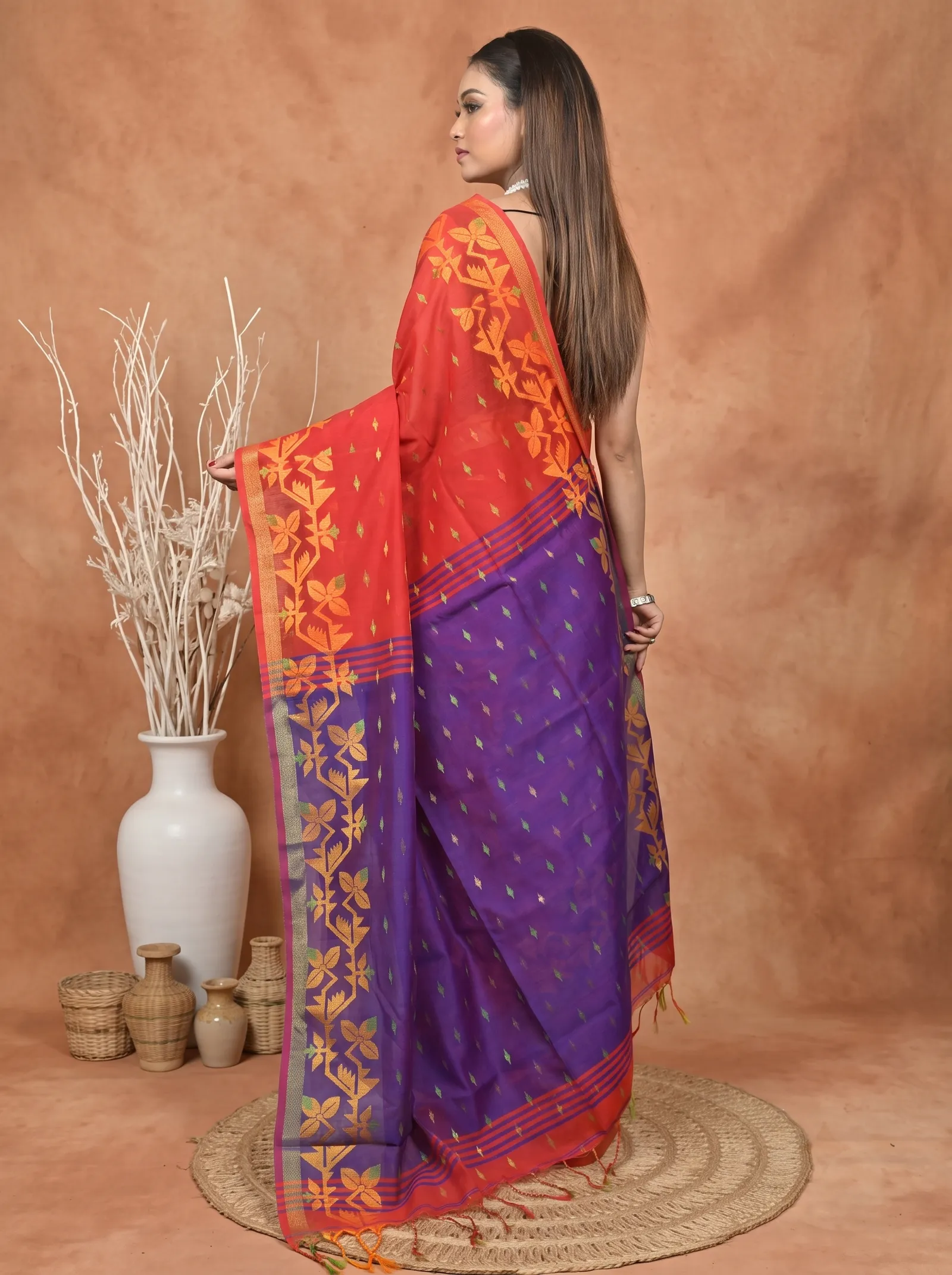 DipDiya Cotton Blend  Traditional Bengali Red Blue Artisan Crafted Parvon Kanjivaram Silk Saree