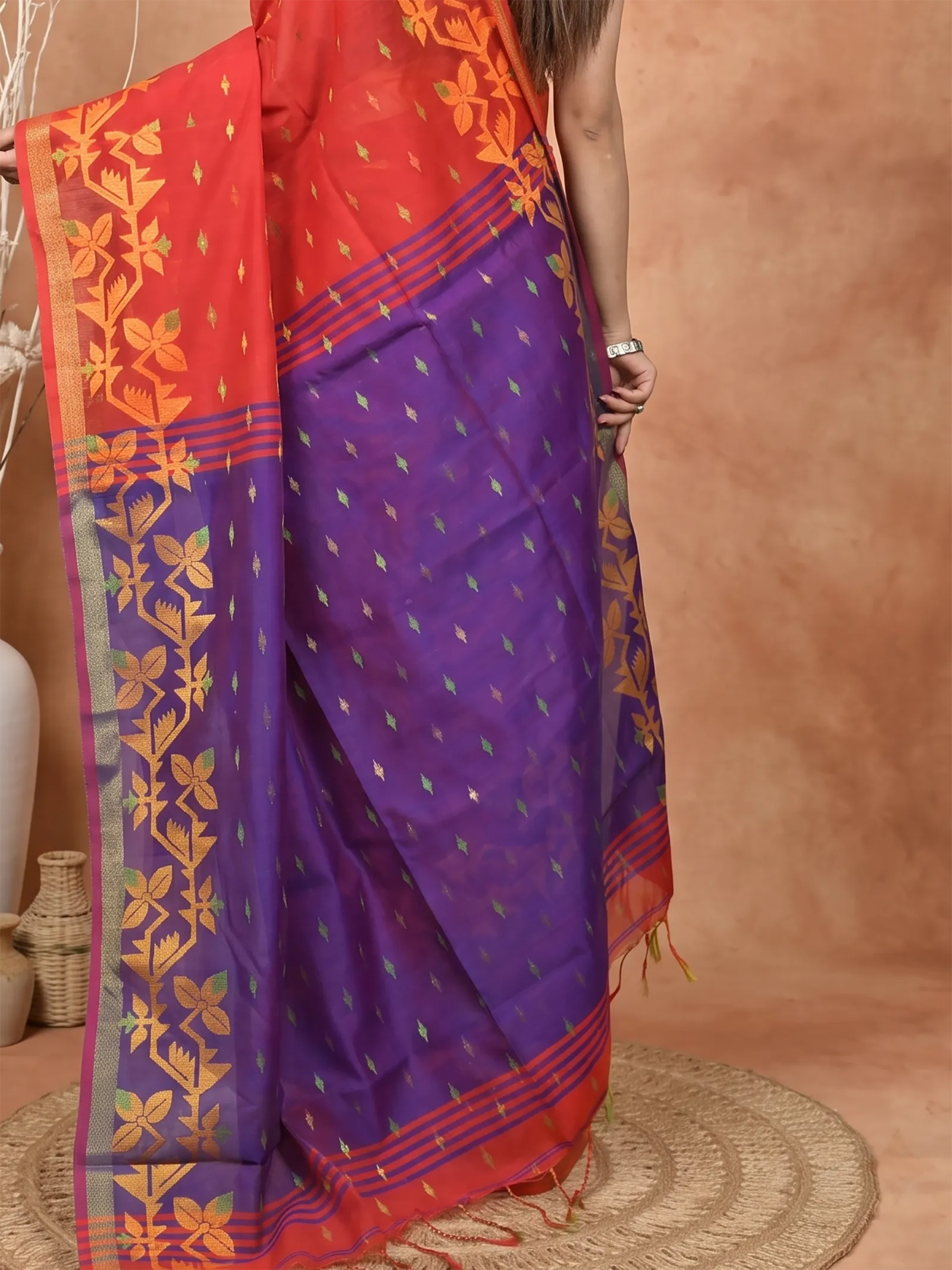 DipDiya Cotton Blend  Traditional Bengali Red Blue Artisan Crafted Parvon Kanjivaram Silk Saree