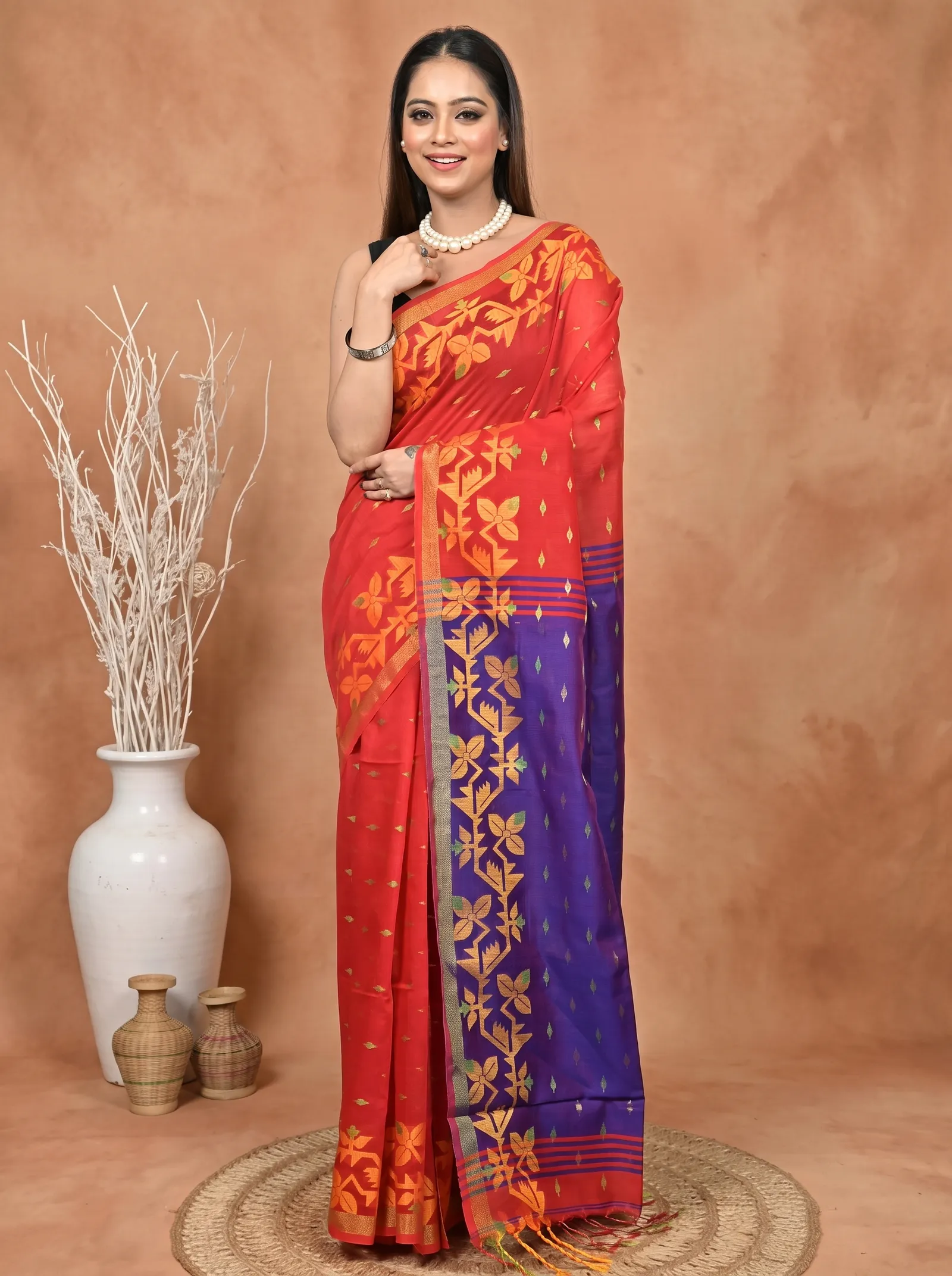 DipDiya Cotton Blend  Traditional Bengali Red Blue Artisan Crafted Parvon Kanjivaram Silk Saree