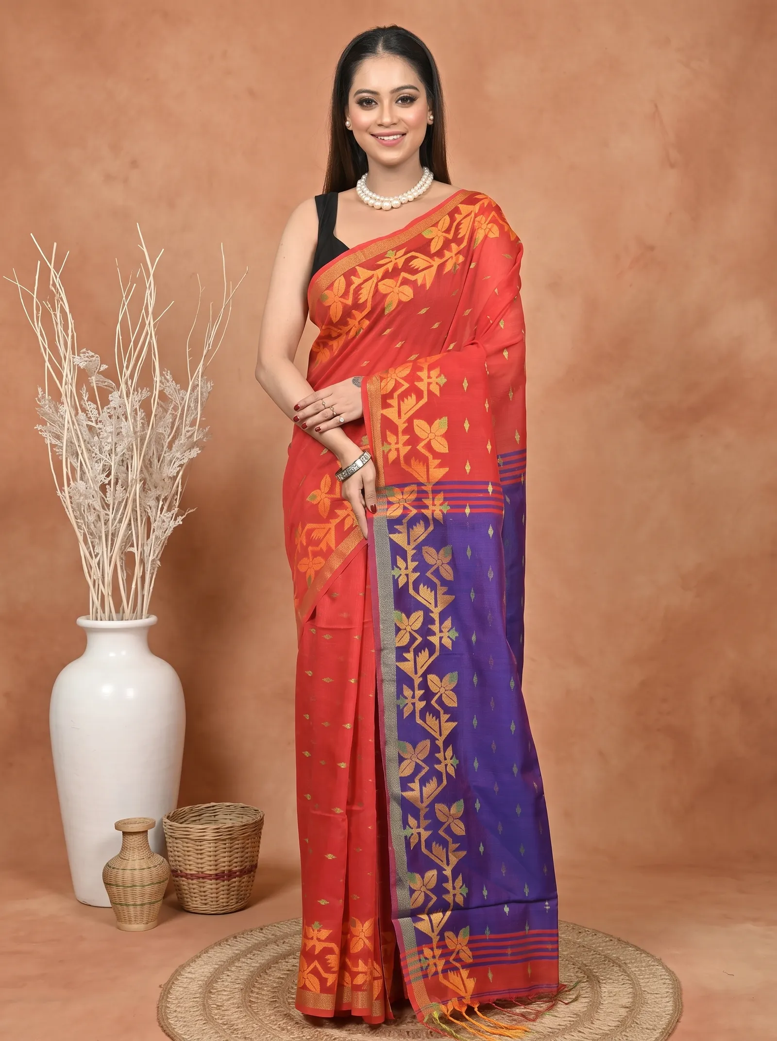 DipDiya Cotton Blend  Traditional Bengali Red Blue Artisan Crafted Parvon Kanjivaram Silk Saree