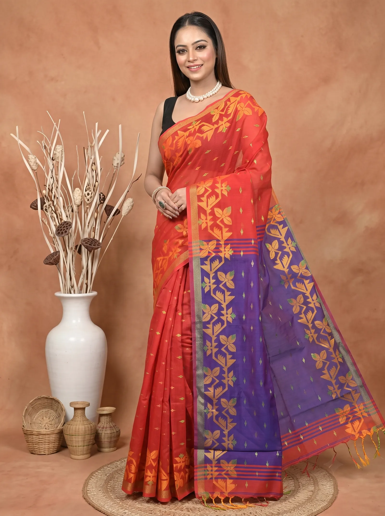 DipDiya Cotton Blend  Traditional Bengali Red Blue Artisan Crafted Parvon Kanjivaram Silk Saree