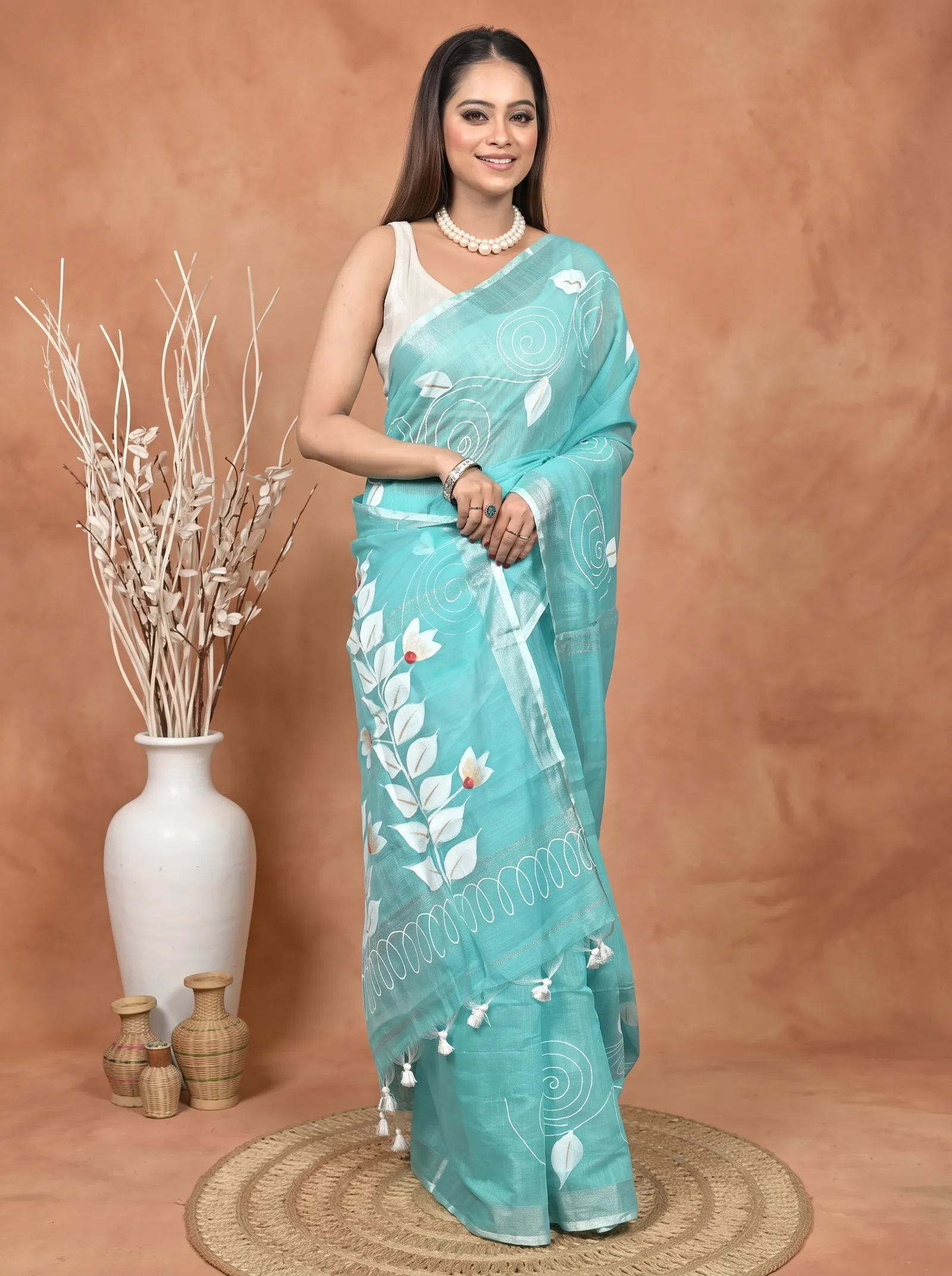 DipDiya Cotton Blend  Traditional Bengali See Blue Artisan Crafted Souvar Hand Painted Saree