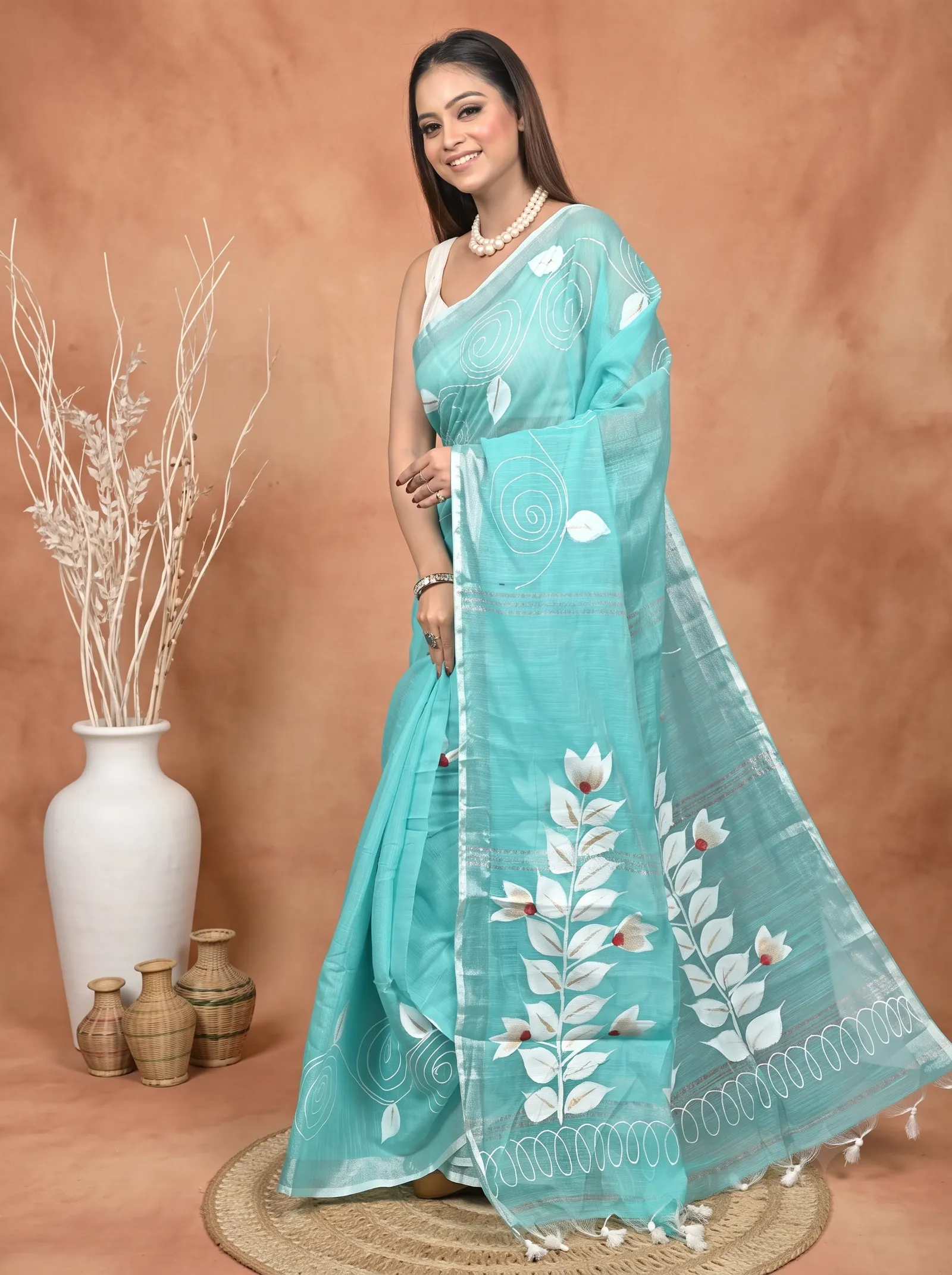 DipDiya Cotton Blend  Traditional Bengali See Blue Artisan Crafted Souvar Hand Painted Saree