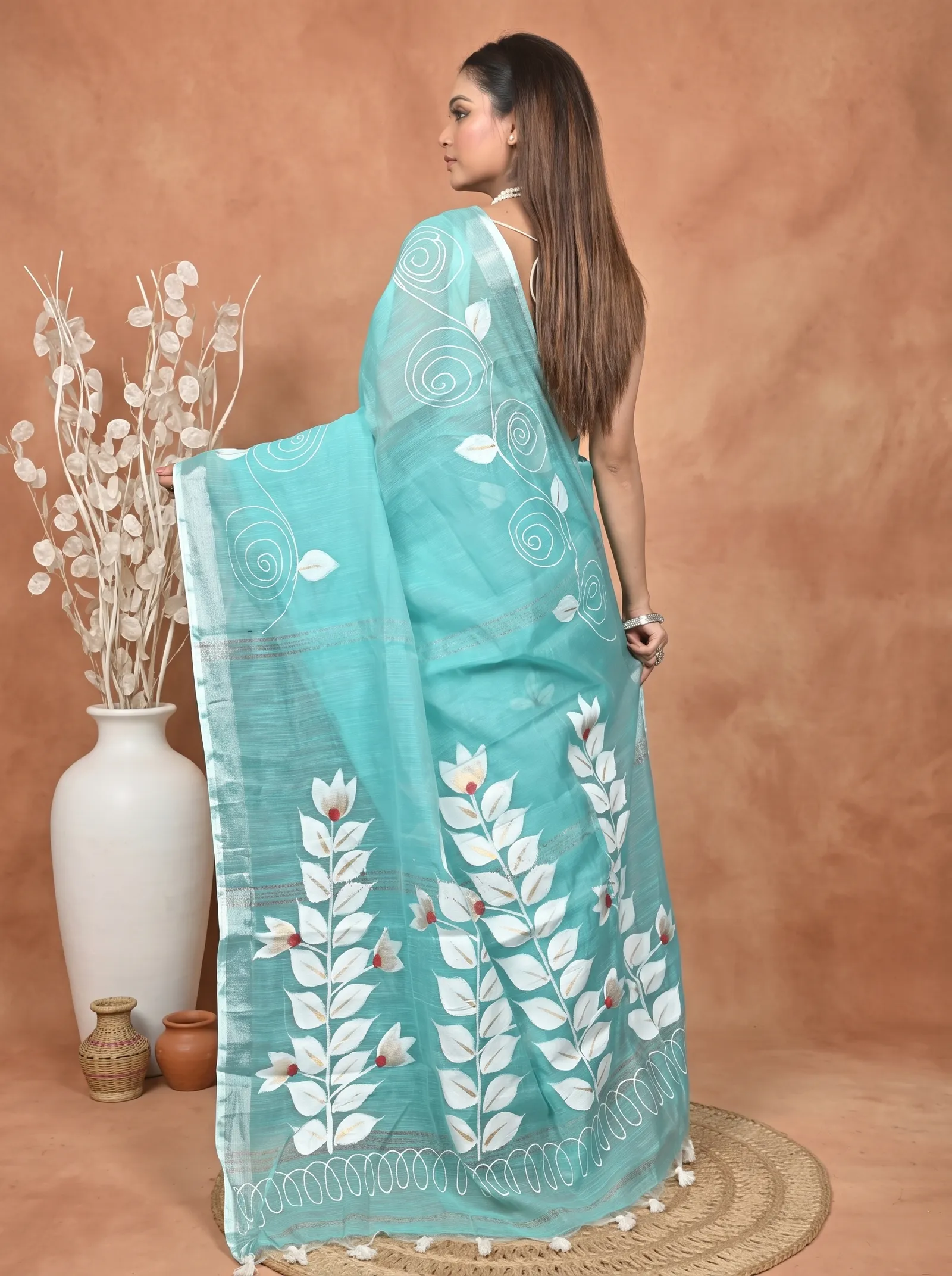 DipDiya Cotton Blend  Traditional Bengali See Blue Artisan Crafted Souvar Hand Painted Saree