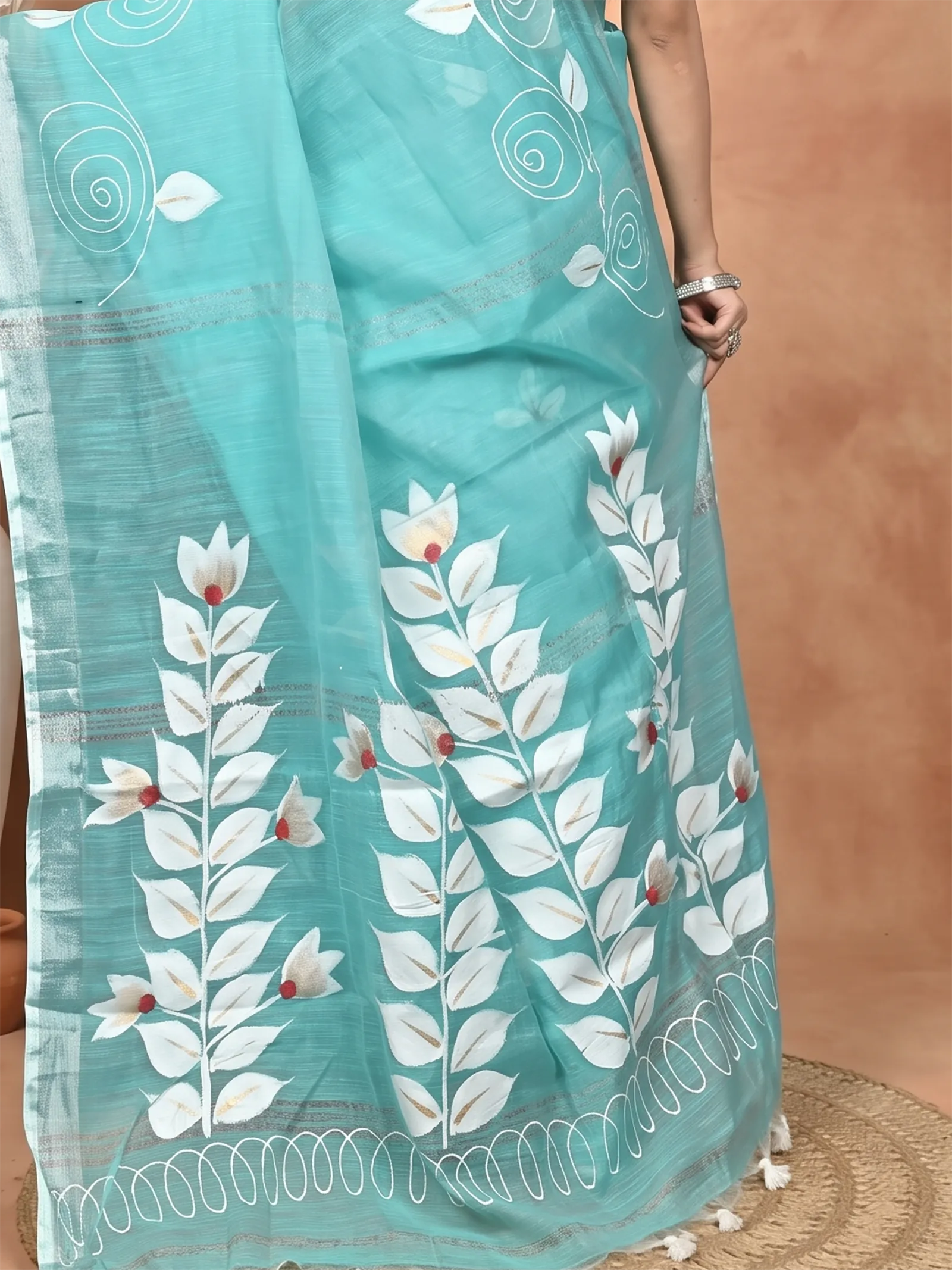DipDiya Cotton Blend  Traditional Bengali See Blue Artisan Crafted Souvar Hand Painted Saree
